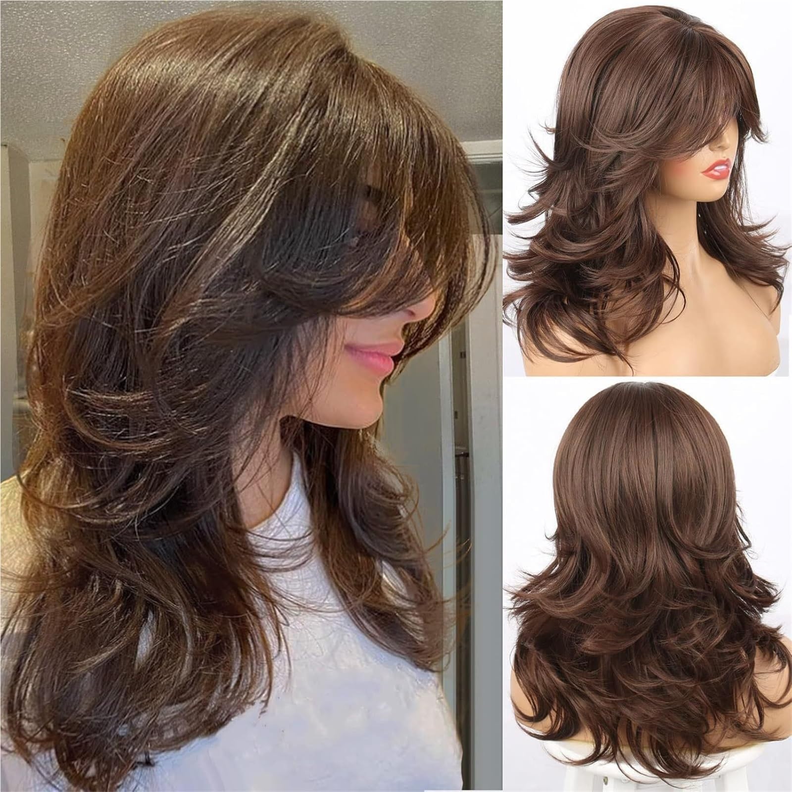 Libangrong-888 Bruin Wigs Eight Character Bangs, Medium Long Hair, Natural Layered Wig Natural Wig(Bruin)