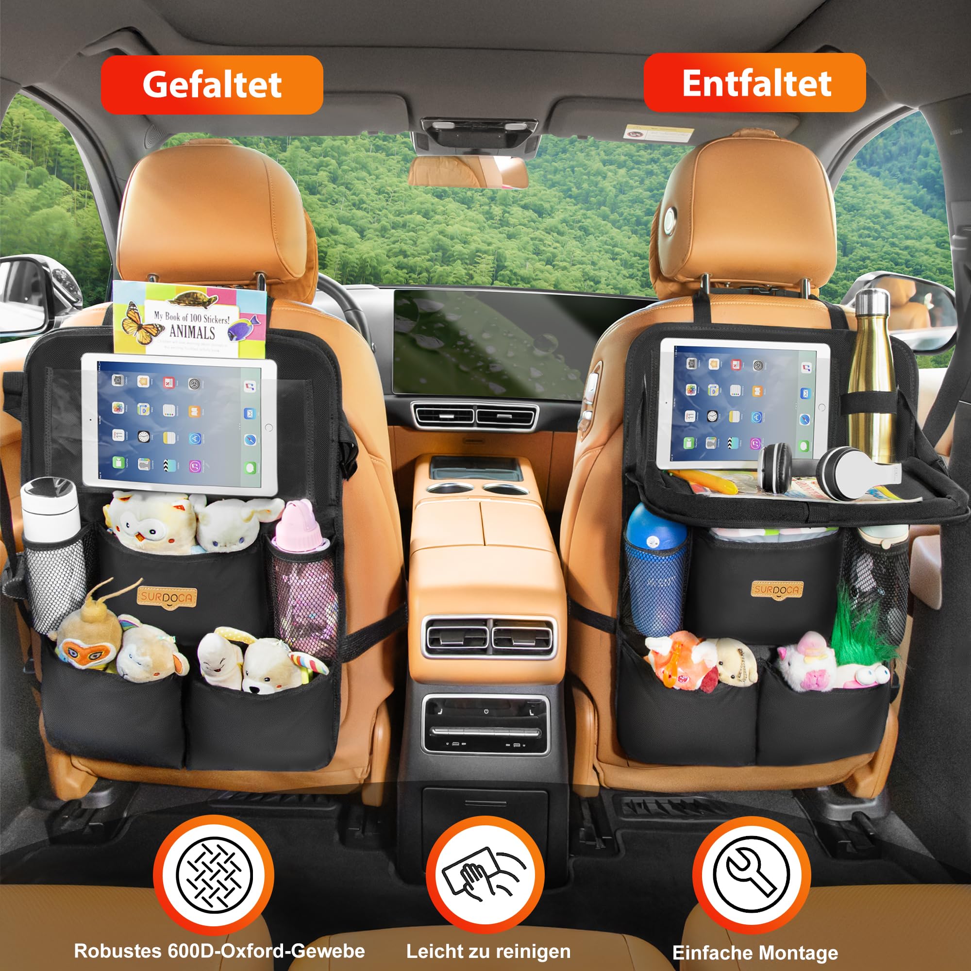 SURDOCA Lot de 2 organiseurs de voiture pour enfants avec table pliante – Organiseur de siège arrière avec compartiment pour tablette tactile – Protection étanche du dossier – Compatible avec la - 4