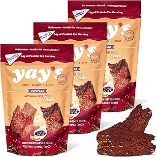 Yay's Snacks Sweet and Spicy Beef Jerky Crisps | High Protein Teriyaki Snack | Crispy, Crunchy, Non-GMO, Gluten-Free Meat Snack | 28G Protein Per Bag, Made in USA - 3 Pack (1.75 Oz)
