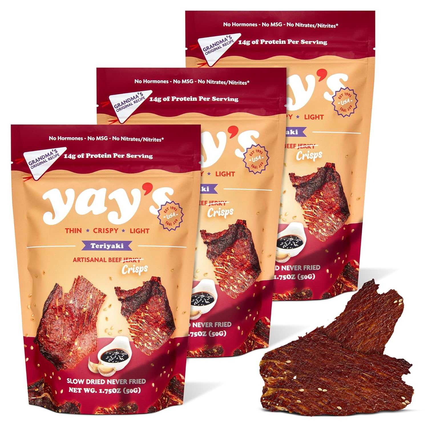 Yay's Snacks Sweet and Spicy Beef Jerky Crisps | High Protein Teriyaki Snack | Crispy, Crunchy, Non-GMO, Gluten-Free Meat Snack | 28G Protein Per Bag, Made in USA - 3 Pack (1.75 Oz)