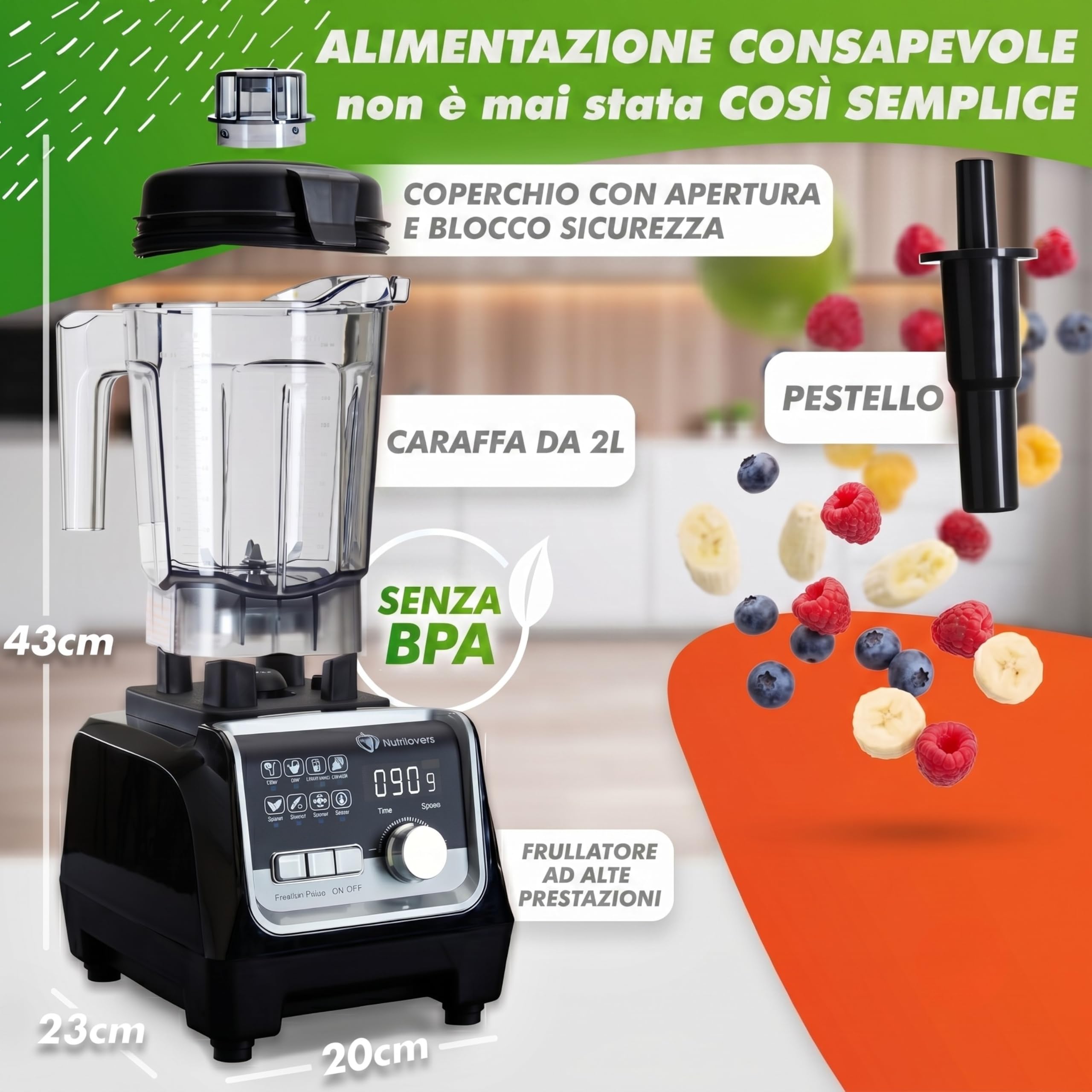 NUTRI-BLENDER MAX+ Frullatore ad Alte Prestazioni 2000 W, Professionale - 2 L, Tritan, Senza BPA, 9 Livelli, Timer Digitale Con Libro di Ricette
