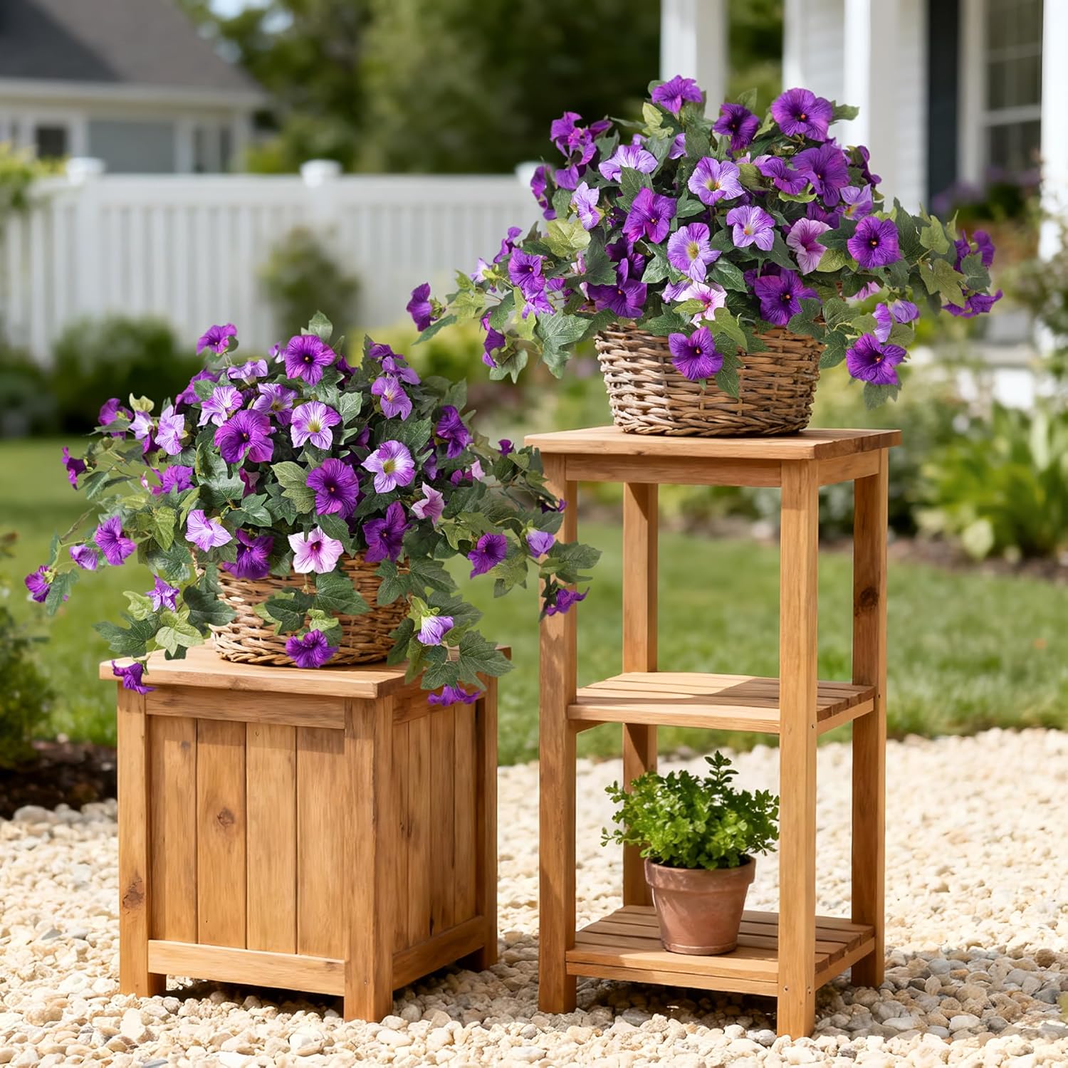 2PCS Artificial Petunia Flowers for Outdoors, Fake Flowers for Outdoor Planters UV Resistant Faux Silk Petunias for Garden Porch Yard Balcony Patio Realistic Home Kitchen Decor(Double Purple)