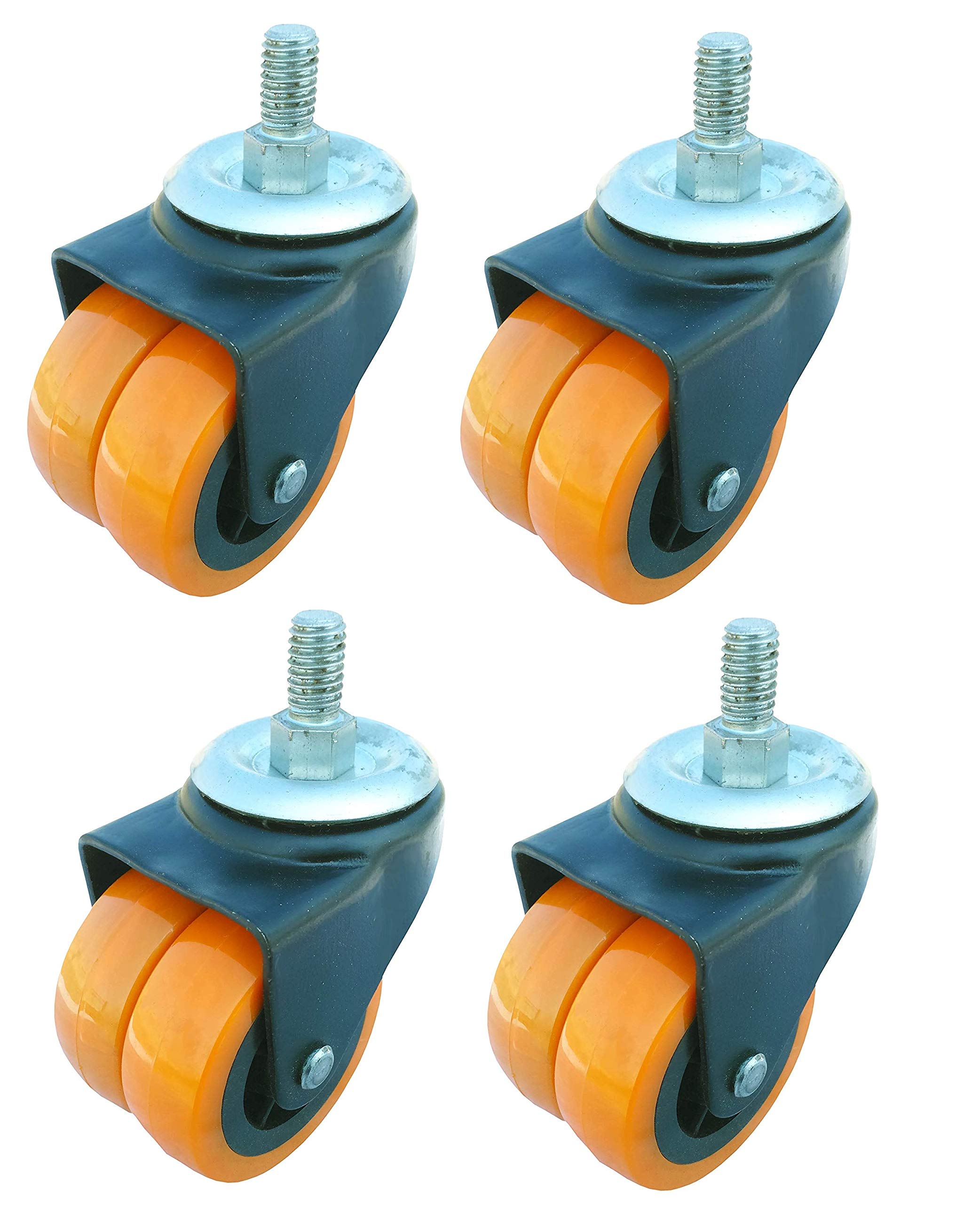IMPODA 4 x Double PU Powder Coating Steel Castor Wheel, Thread Type, 600kg Load Capacity/360 Degree Rotating Swivel, 50 mm, Orange