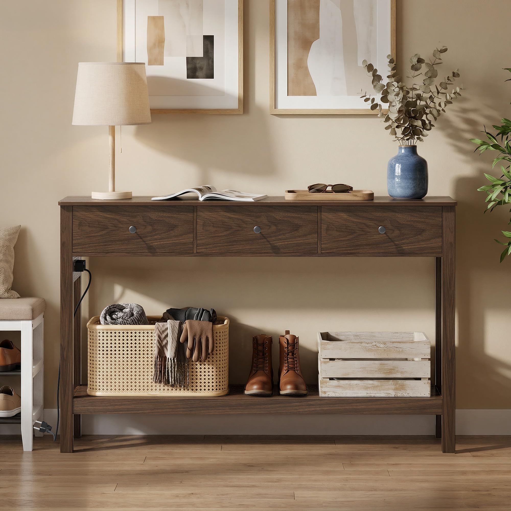 Xbro Mesa de Consola con Tomas de Corriente, Mesa de Pasillo con 3 Cajones y Estante, Mueble Recibidor Entrada para Entrada, Pasillo,Salón,130 x 30 x 80 cm,Marrón