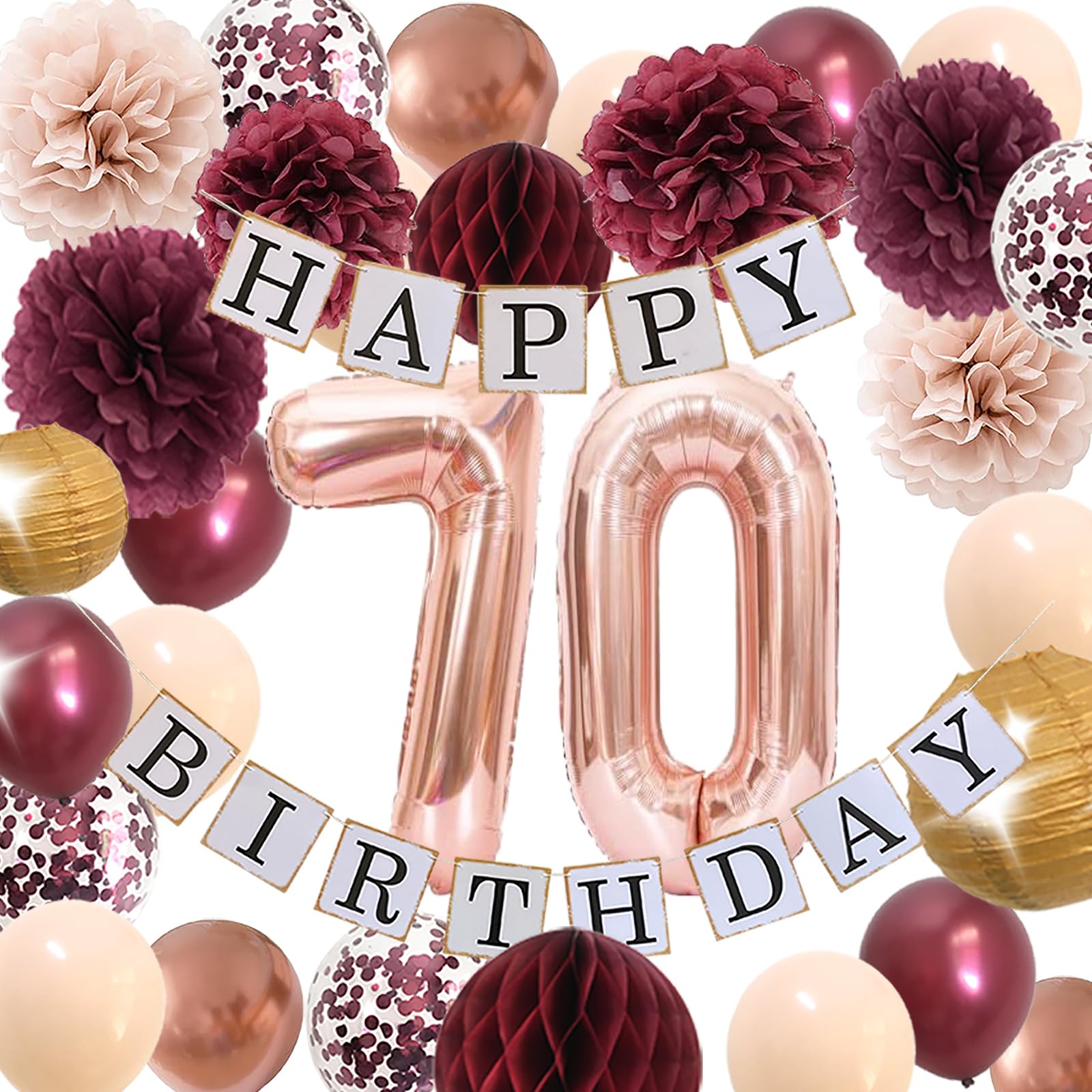 70th Birthday Decorations Women – Happy 70 Birthday Party Supplies for Womens with Champagne Burgundy Flowers Balloons Tissues Decor (Burgundy +