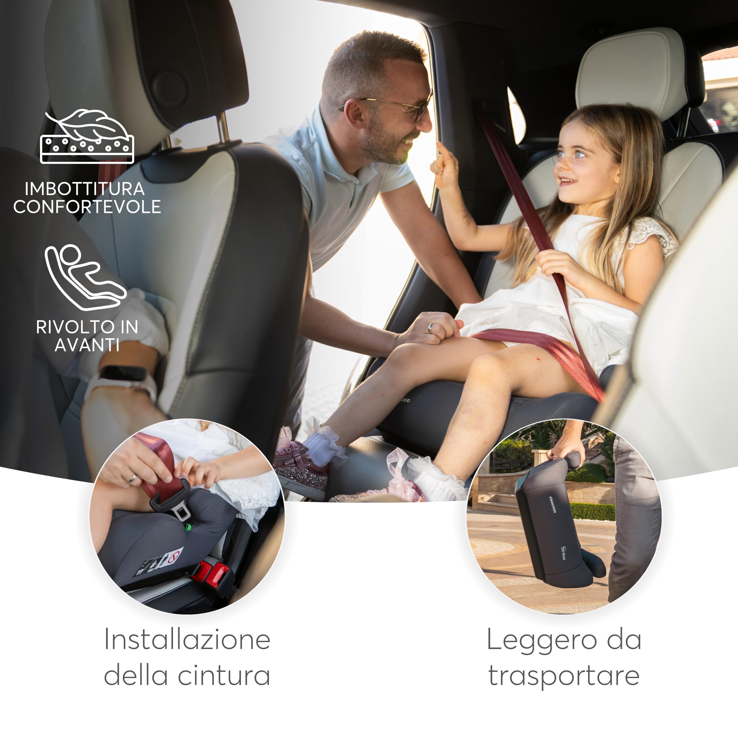 KikkaBoo i-UP Rialzo auto per bambini, i-Size, 125-150 cm, Seggiolino auto Gruppo 3, da 7 a 12 anni, da 22 a 36 kg, Rialzo auto, Facile installazione con cintura, Nero