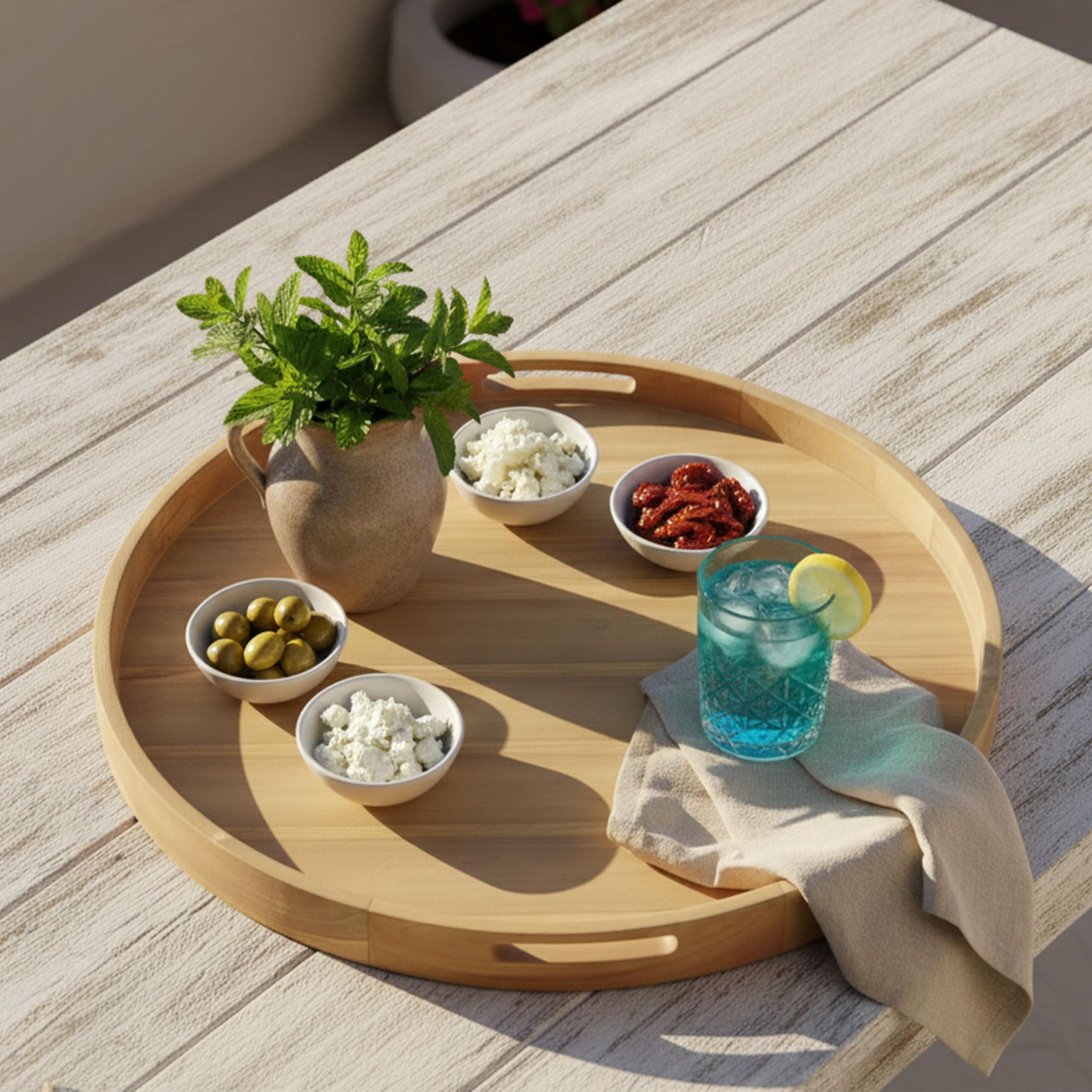 AXI Dewi Bandeja Redonda de Madera de Teca Diam 80 cm | Plato con Asas Abiertas y Borde Elevado Bebidas, Vasos y Accesorios.