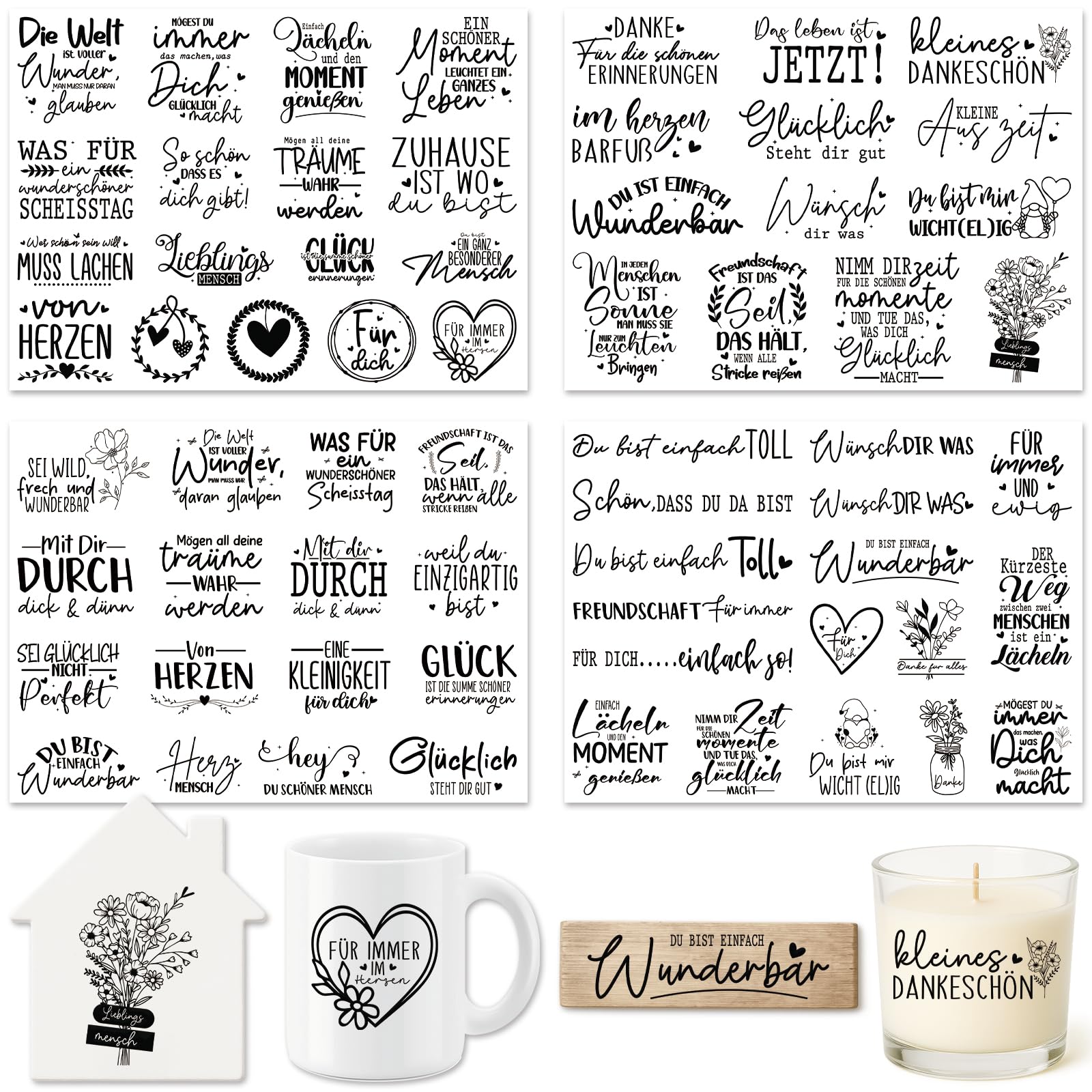 Farbeele 4 Stück Rub On Sticker, UV Transferaufkleber Folie 19x14cm für Glas, Holz, Karten, Scrapbooking, DIY Handarbeiten, Basteln, Geschenkidee, Wohndeko, Party Deko （Danke）