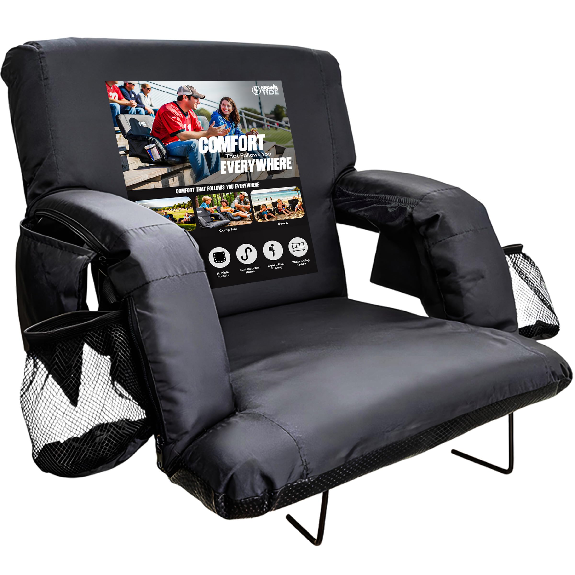 BRAWNTIDE Stadium Seat for Bleachers with Back Support - Wide Padded Reclining Bleacher Seat, Portable Folding Stadium Chair with Armrests, Hooks, Straps, Cup Holders & Pockets for Games & Concerts