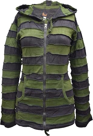 Gheri Striped Pixie Hooded Punk Bomber Hoodie for Men, Women & Festival Goers - Green, Size 4 UK