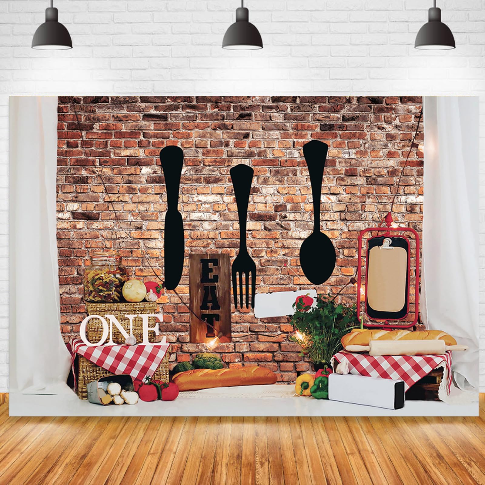 Kids 1st Birthday Party Backdrops Chef Brick Wall Cutlery Bread Cake Smash Decor Photography Backgrounds Kids Boys Girls Birthday Newborn Baby Shower