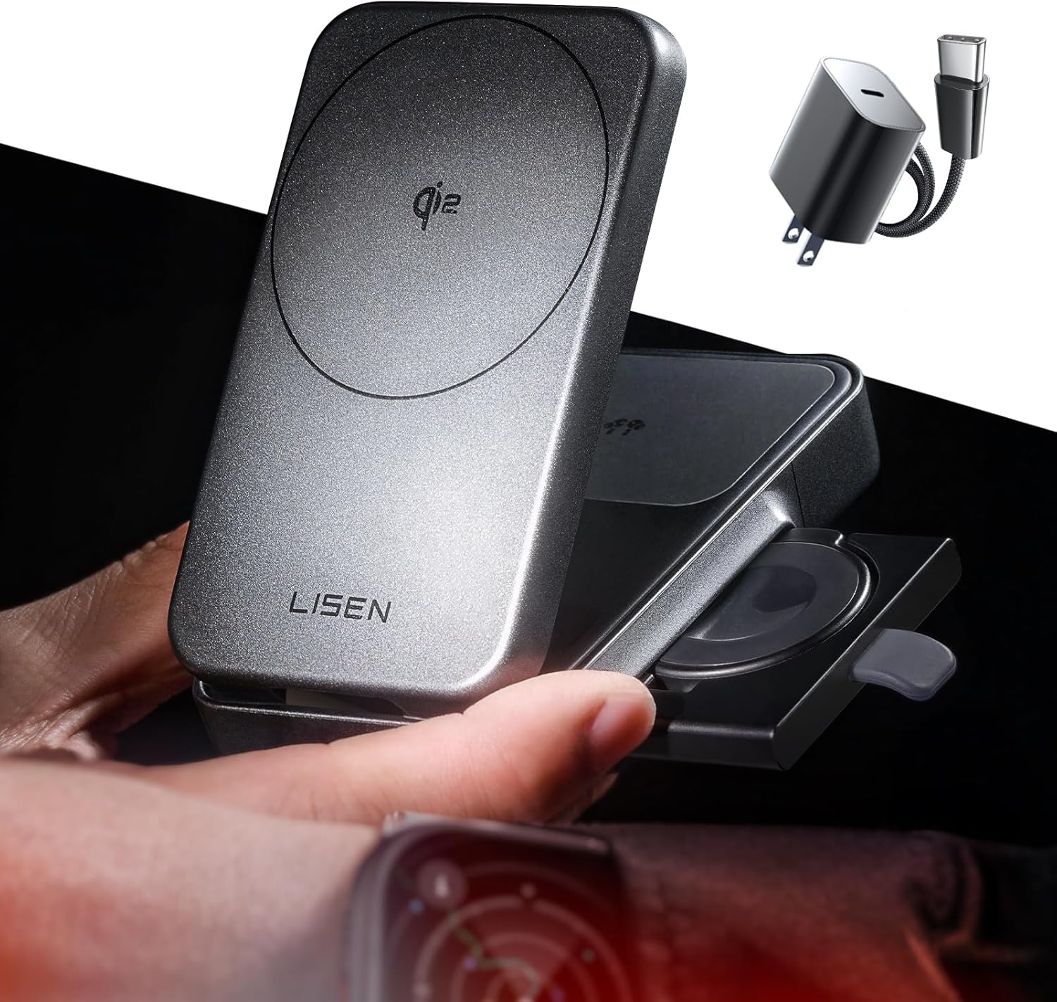 LISEN for iPhone 17 Pro Max 15W magsafe Fast Charger 3-in-1 Charging Station Qi2 Certified Foldable Magsafe Charger Stand for Apple Multiple Devices,Wireless Nightstand,AirPods,Apple Watch