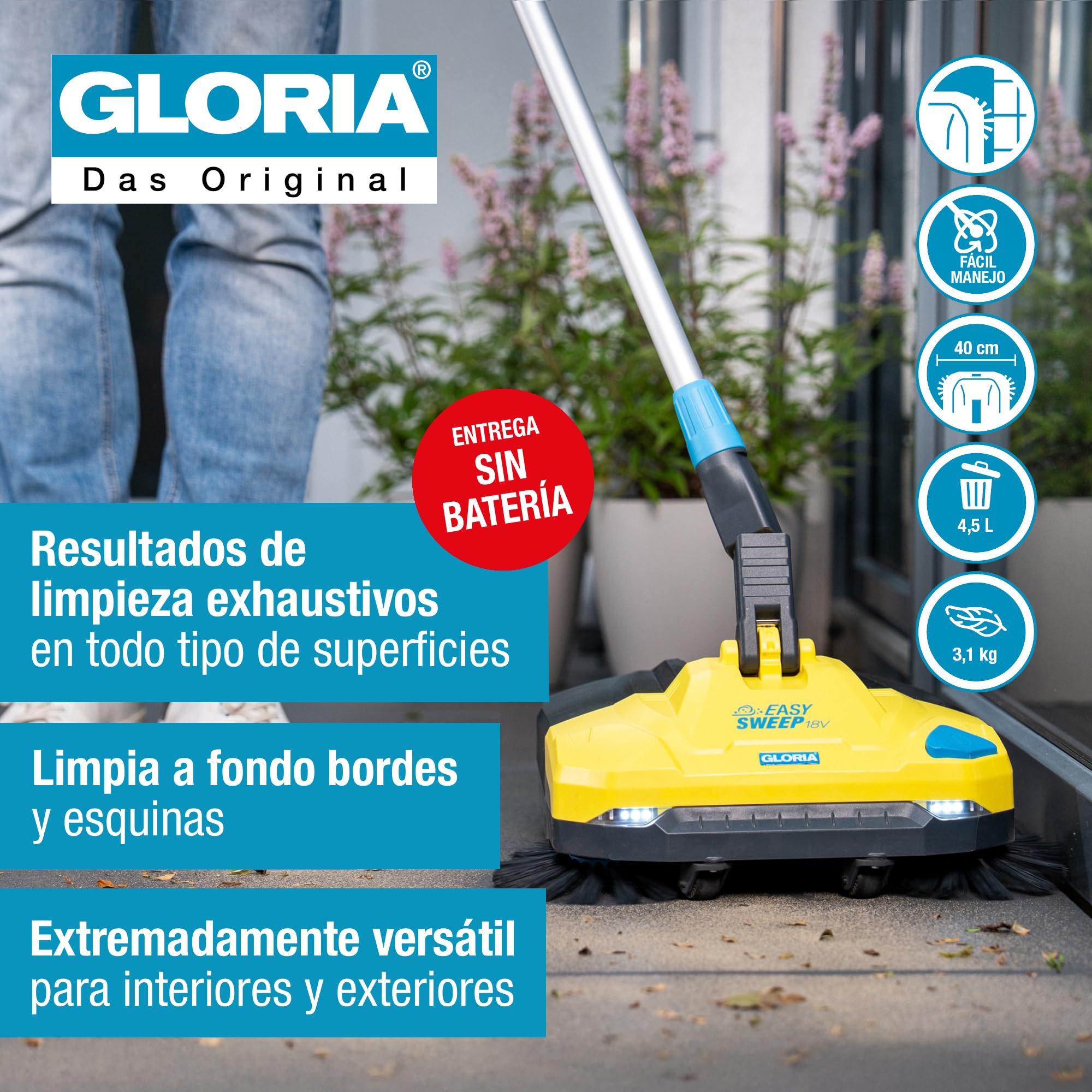 GLORIA Barredora de batería EasySweep 18V | Escoba eléctrica inalámbrica para interior y exterior | Entradas, aceras, terrazas, garajes y hojas | Compatible con Batería BOSCH 18V (no incluida)