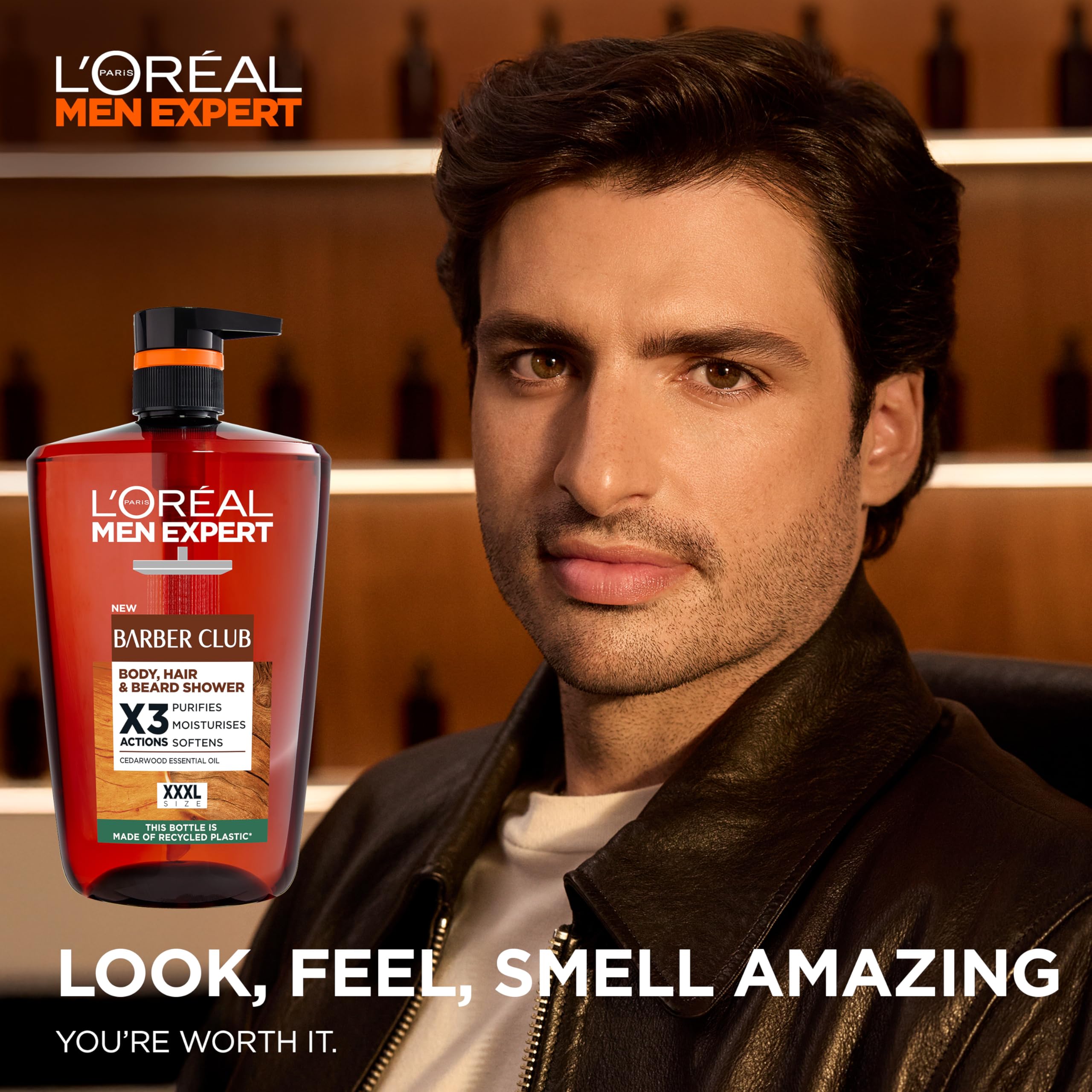 L'Oréal Men's Shower Gel, Men Expert Barber Club 3-in-1 Body Wash 1L Pump, Cedarwood Oil for Body, Hair & Beard Grooming, Deep Cleanse & Active Moisturisation - 3