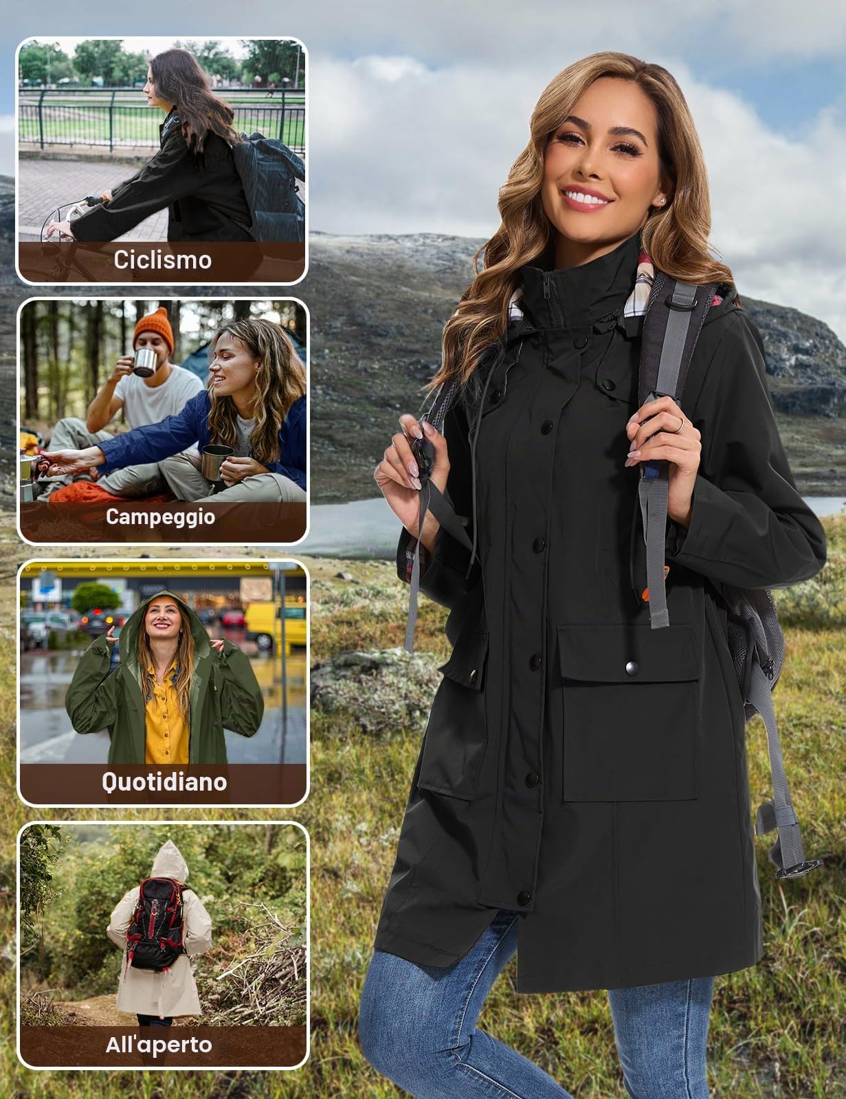 heekpek Giacca Impermeabile Donna Antipioggia con Cappuccio Lungo Trench Giubbino Leggero Giacca Vento Cappotto Impermeabile per Primavera e Autunnale