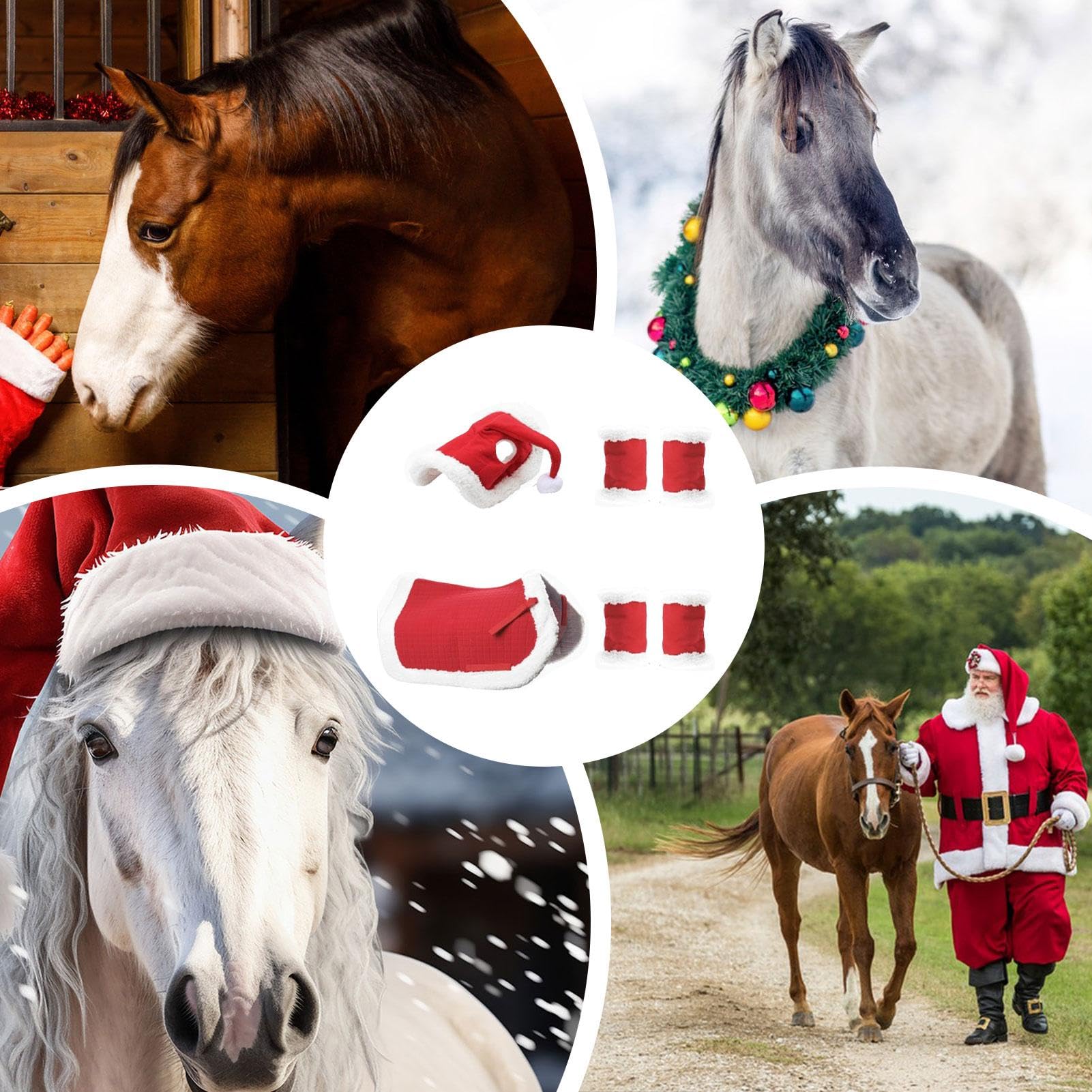 Set Costume Di Natale Per Cavallo – 6 Pezzi: Cappello Babbo Natale, Fasce Gambe E Coprisella, In Peluche Morbido