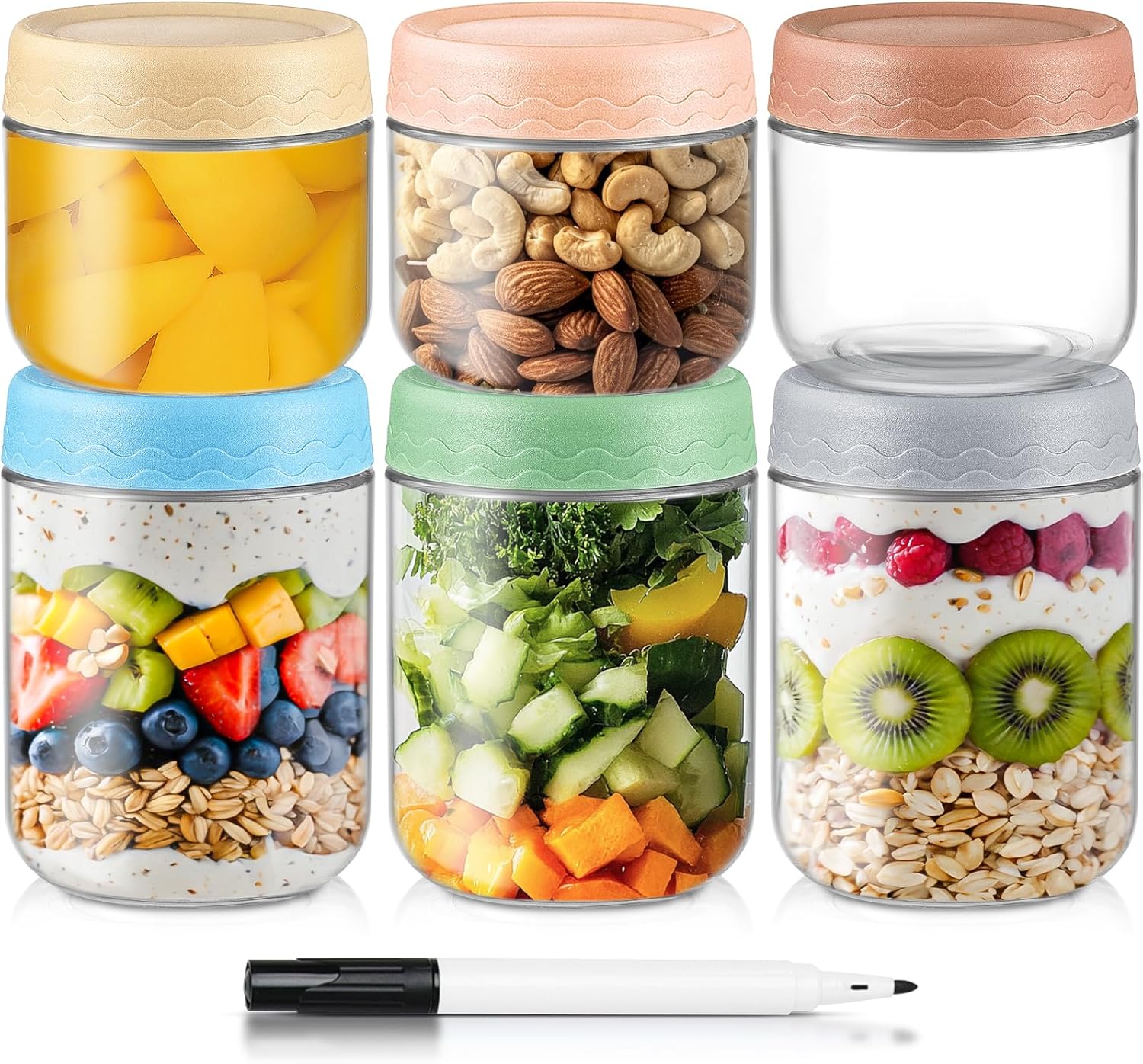 drkio 10 & 16 oz overnight oats containers with lids - 6 pack glass storage jars with airtight lids wide mouth mason food jars great for meal prep salad chia puddirg snacks yogurt sugar spice cereal