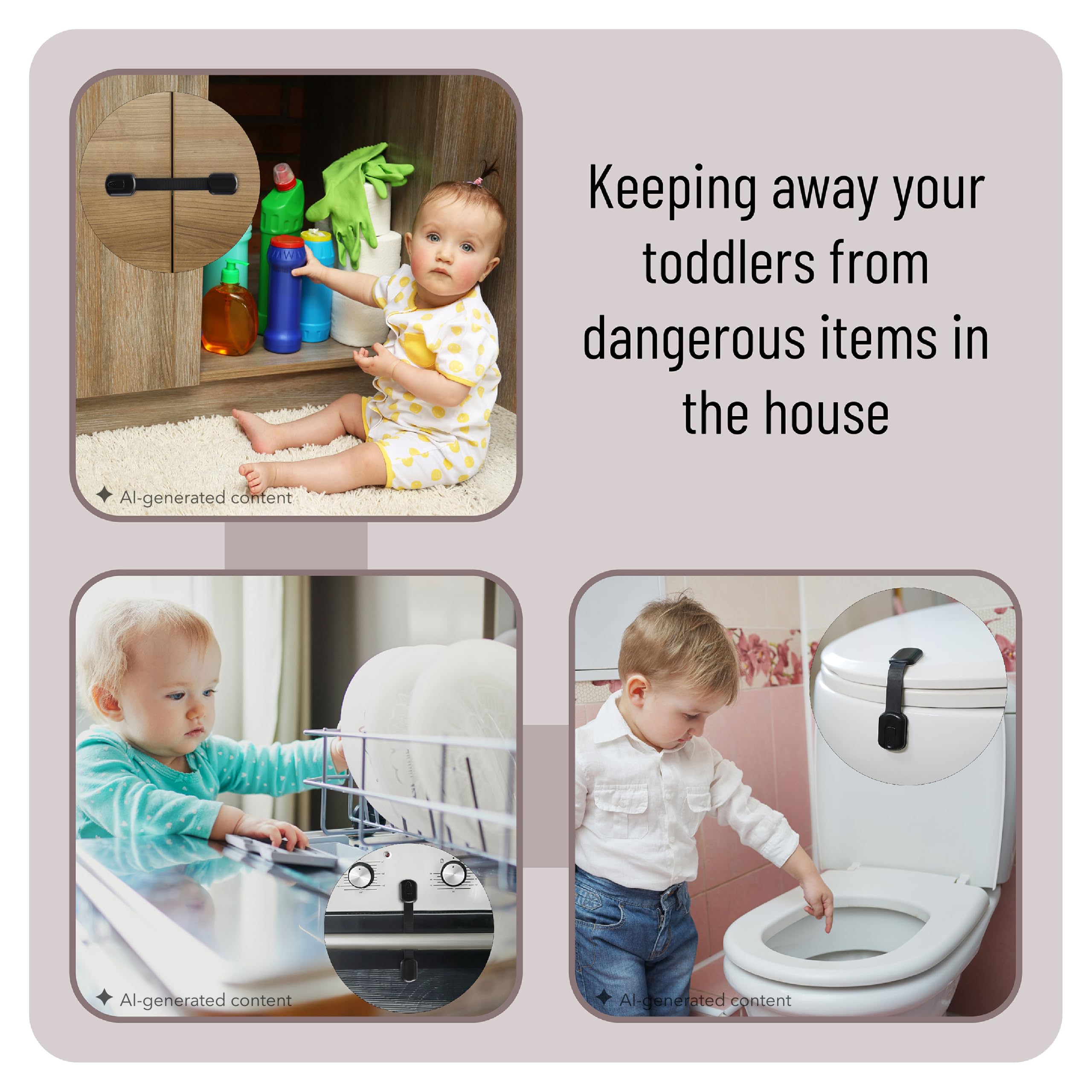 Bates - Cerraduras de correa de seguridad para niños, paquete de 6, cerraduras negras para gabinetes de bebé, cerraduras de inodoro a prueba de bebés, cerraduras de cajón a prueba de niños, cerraduras