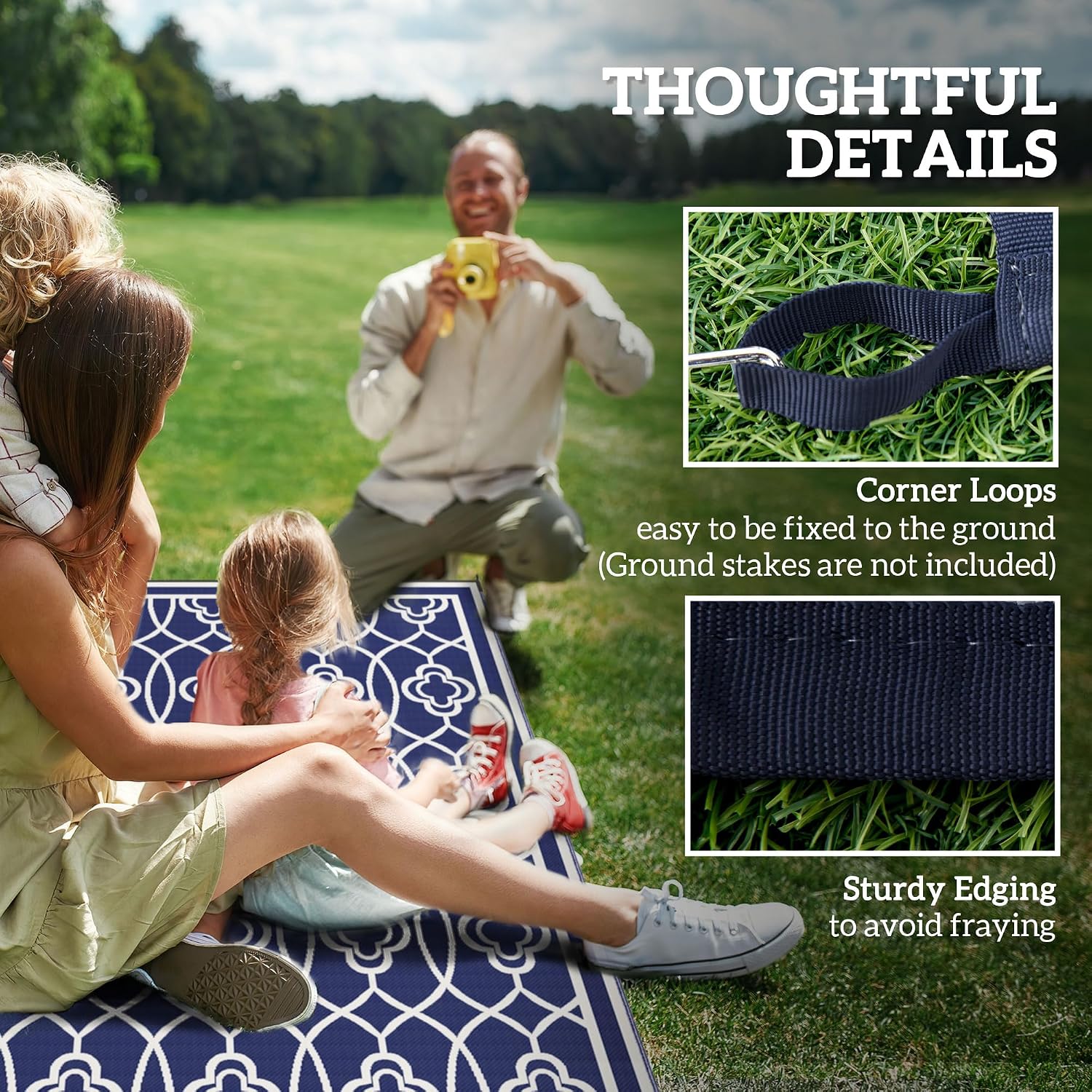 Outsunny Outdoor Rug for Patio, 9' x 18' Waterproof Large Mat, Reversible Plastic Straw Rug for Decor, Portable Outside RV Camping Area Carpet Mat for Backyard Porch Deck Picnic, Blue & White Lantern