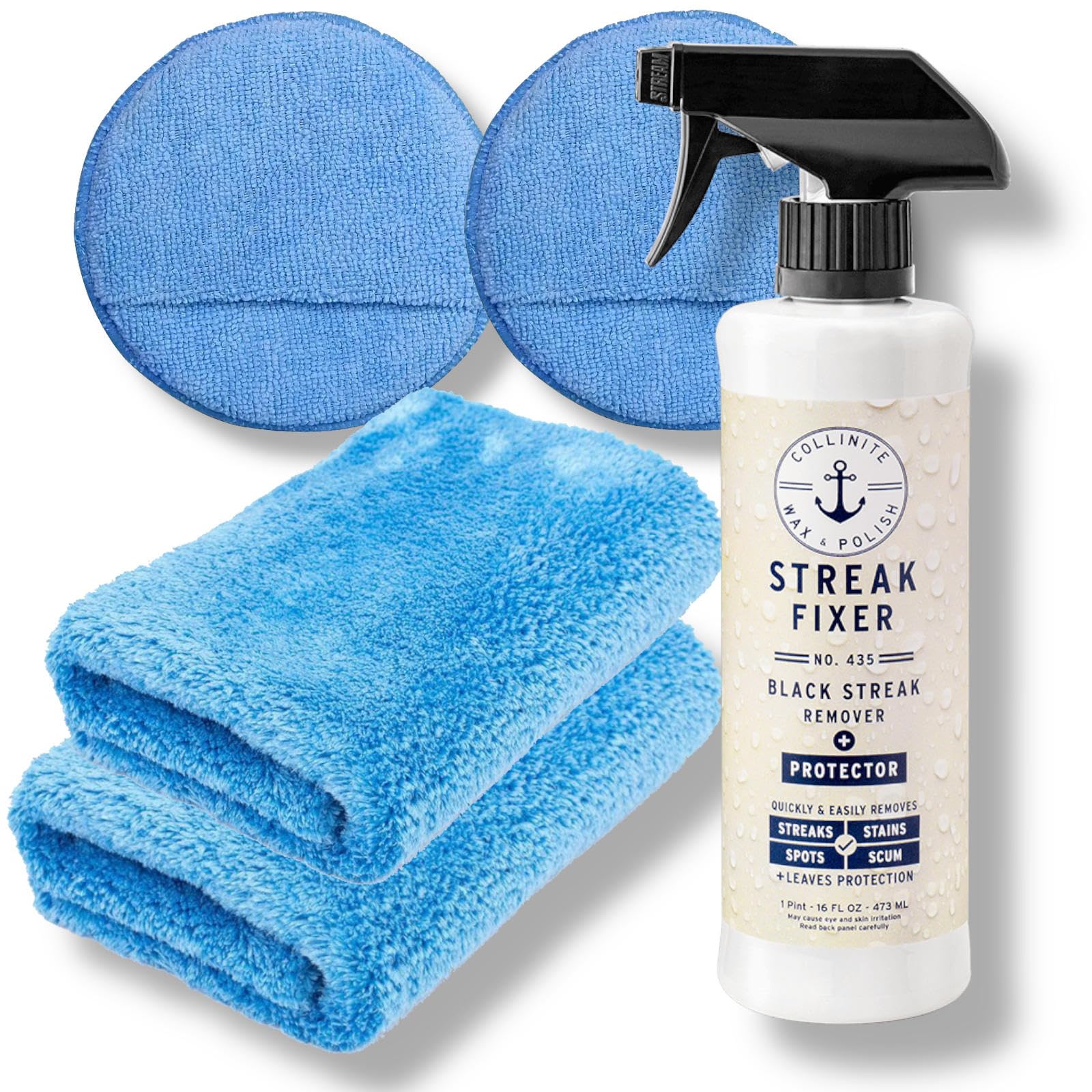 Collinite No 435 Streak Fixer Black Streak Remover 5teiliges Set – Schwarze Streifen effektiv von GFK, Kunststoff, Plastik im Auto, Wohnmobil oder Boot entfernen - Entfernt Schuhabrieb