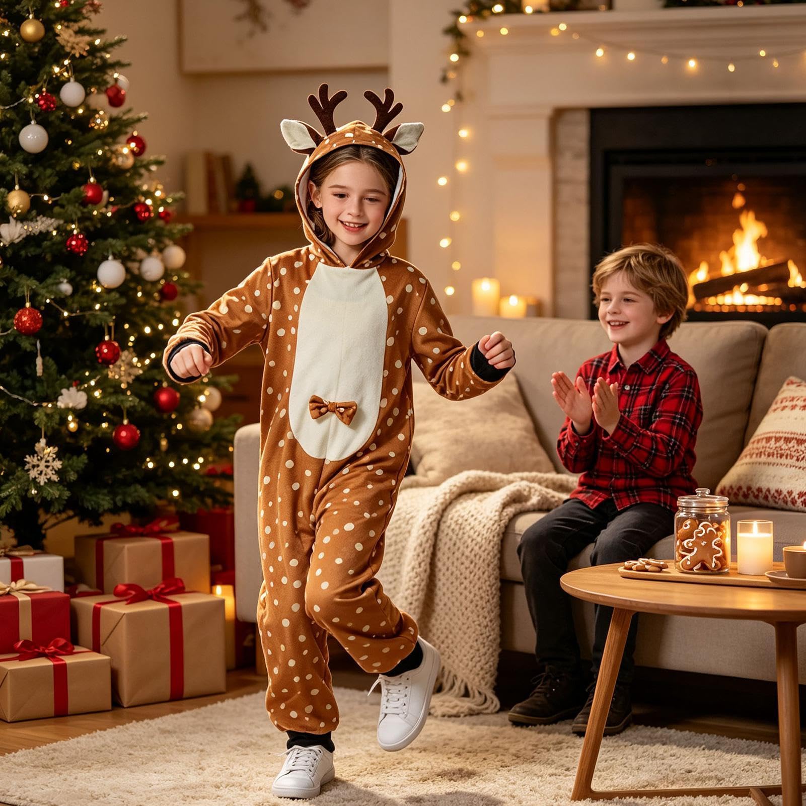 Costume da cervo per bambini, unisex, con cappuccio, per feste di Natale
