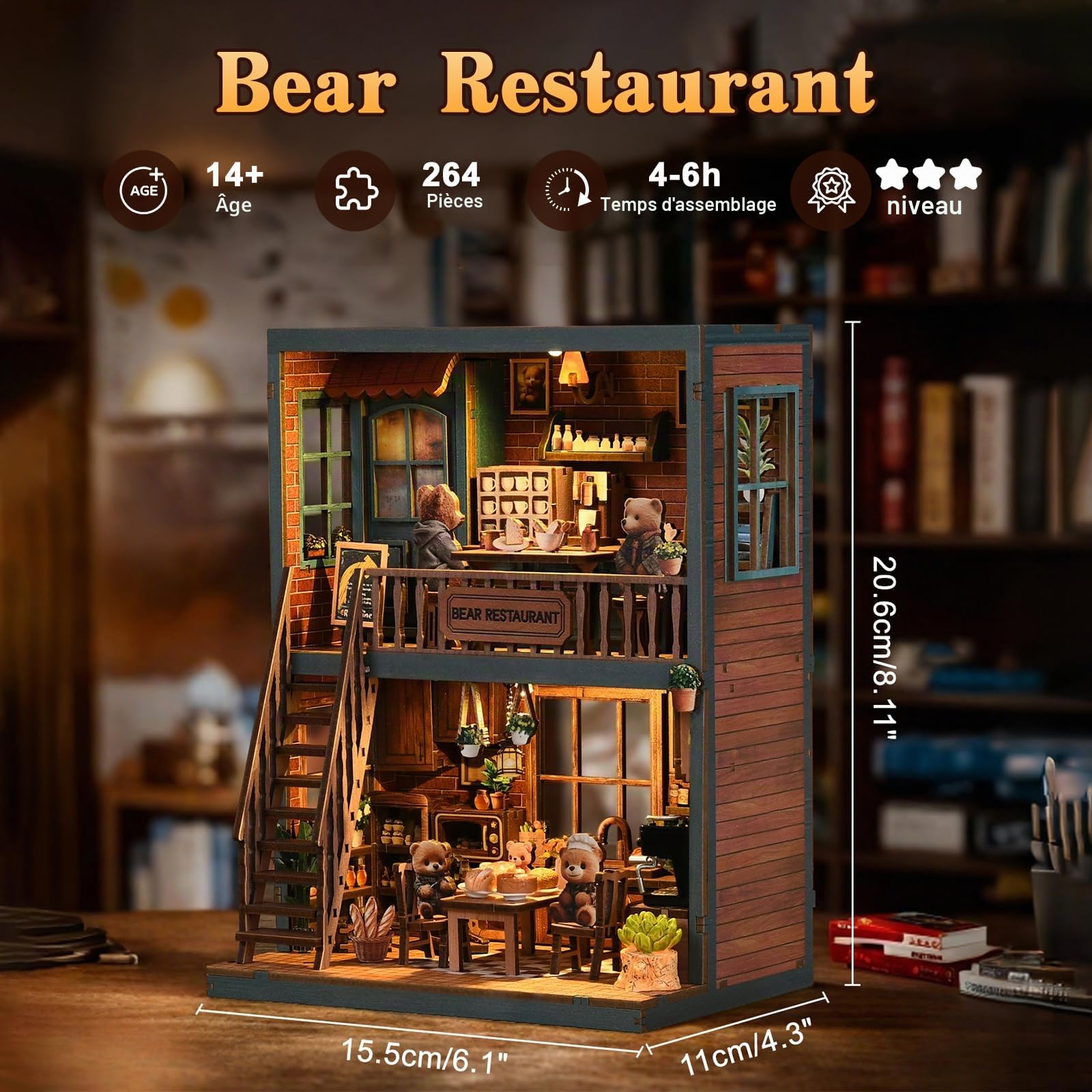 Book Nook Kit, Restaurant Bear Maison Miniature avec Lumière LED, Puzzle 3D en Bois Booknook Bibliothèque, DIY Miniature Maison Poupée, Buchstütze Décoration Créatif Cadeau pour Adultes