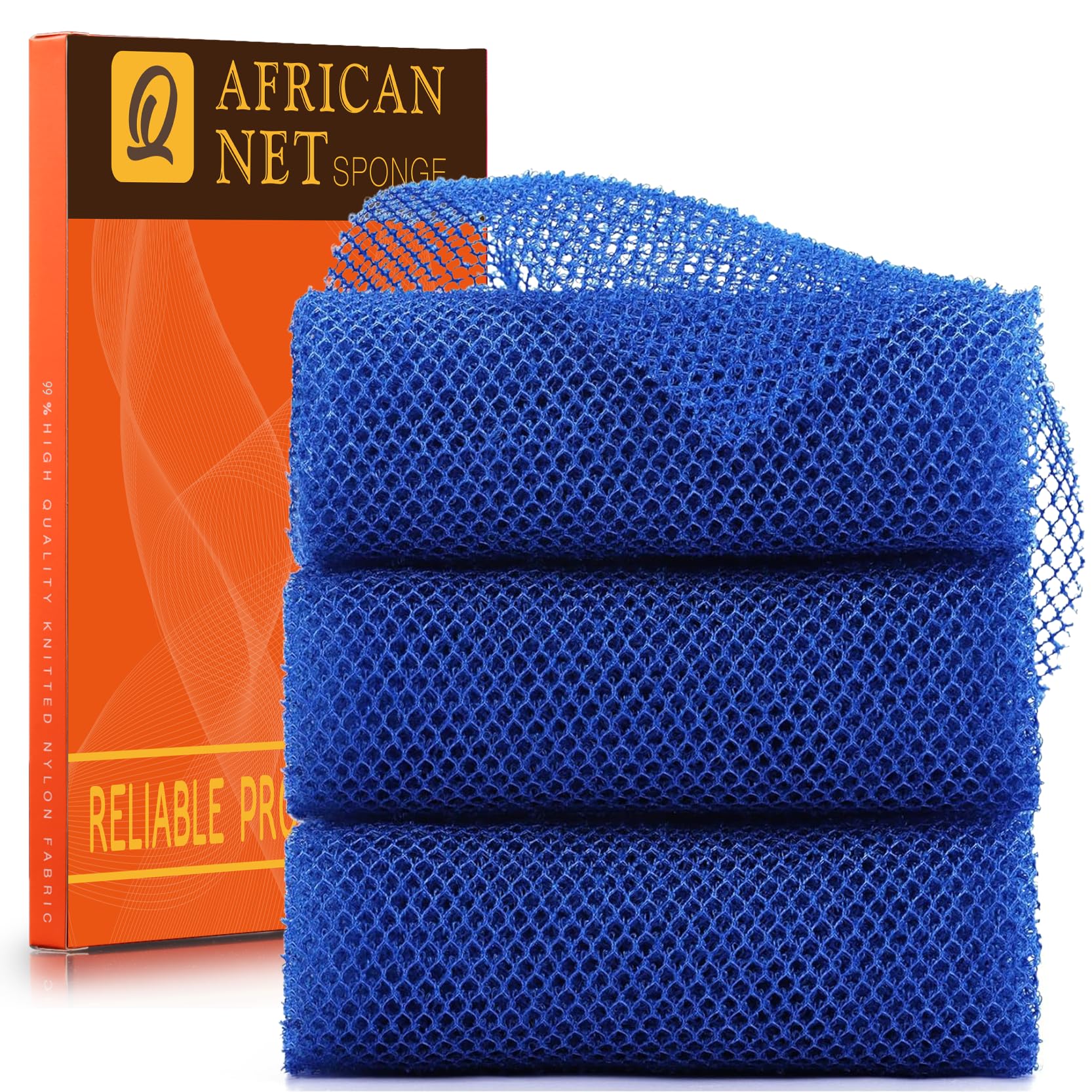 UJFQBH 3 Pieces African Bath Sponge African Net Long Net Bath Sponge Exfoliating Shower Body Scrubber Back Scrubber Skin Smoother,Great for Daily Use (Blue)