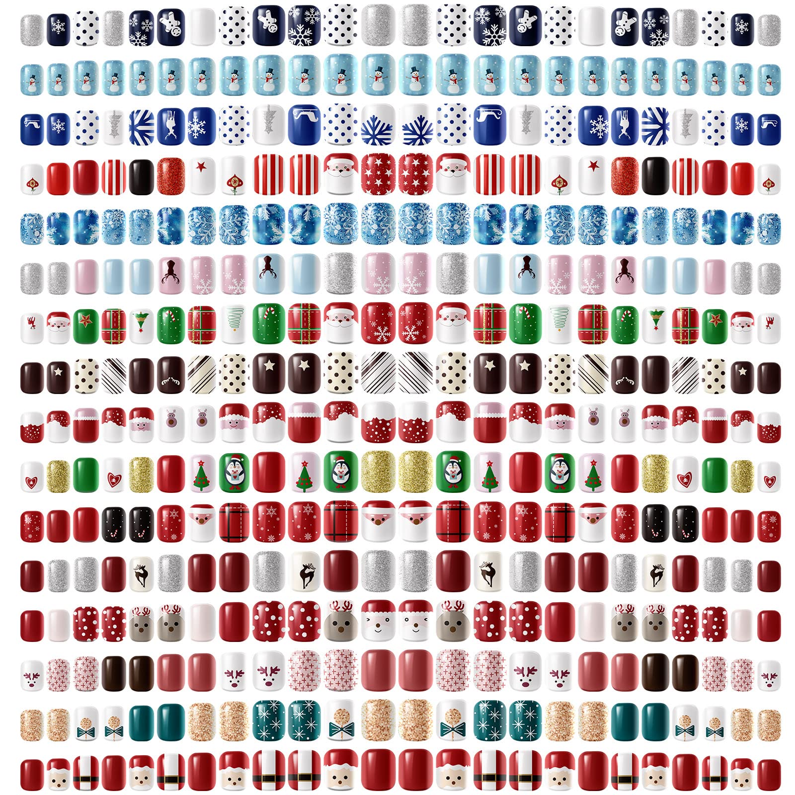 Kacctyen 384pcs 16pack Christmas Press on Nails Winter Square Short Red Fake Nails with Santa Elk Snowflake Pattern Glue on for Women Girls(Vibrant