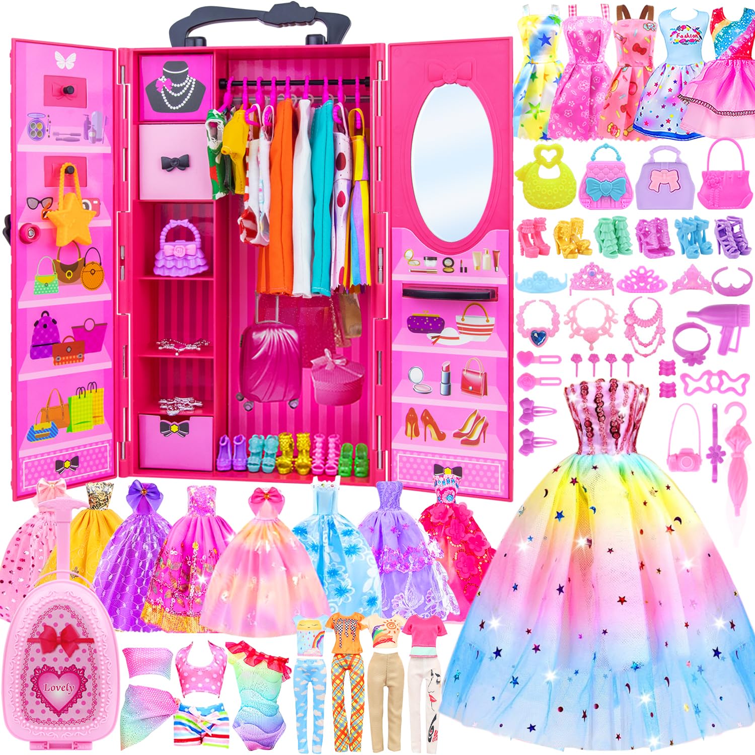 ZITA ELEMENT 11.5 Inch Girl Doll Closet Wardrobe with Clothes and Accessories Set 101 Pcs Including Wardrobe Suitcase Clothes Dresses Swimsuits Shoes Hangers Necklace Bags and Other Stuff