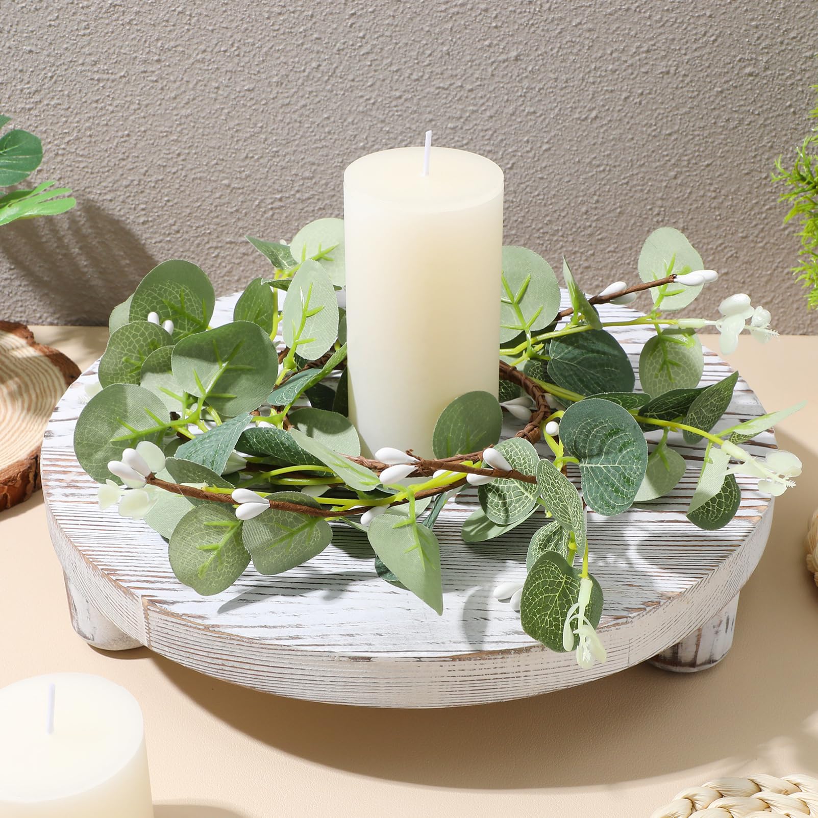 HANABASS 2pcs Decorative Candle Rings Eucalyptus Leaves Wreaths for Easter and Holiday Decor Versatile Indoor and Outdoor Candle Accessories for Door Wall Window Decor, 10.2 inch