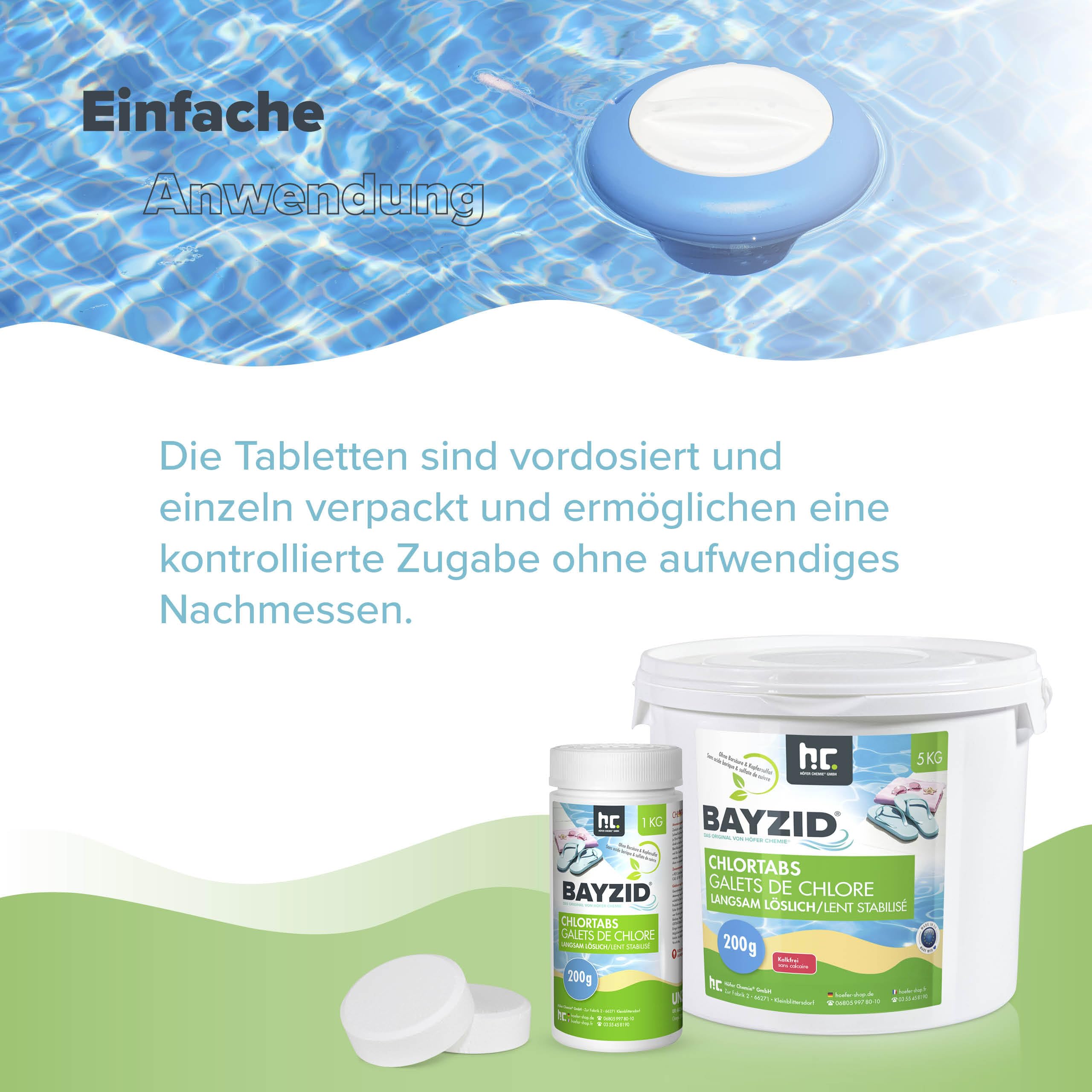 Höfer Chemie Pool Chlor Tabletten langsam löslich 200g 5 kg Bayzid - zur dauerhaften Chlorung von Pool und Schwimmbad - Hochwirksam gegen Bakterien und Pilze