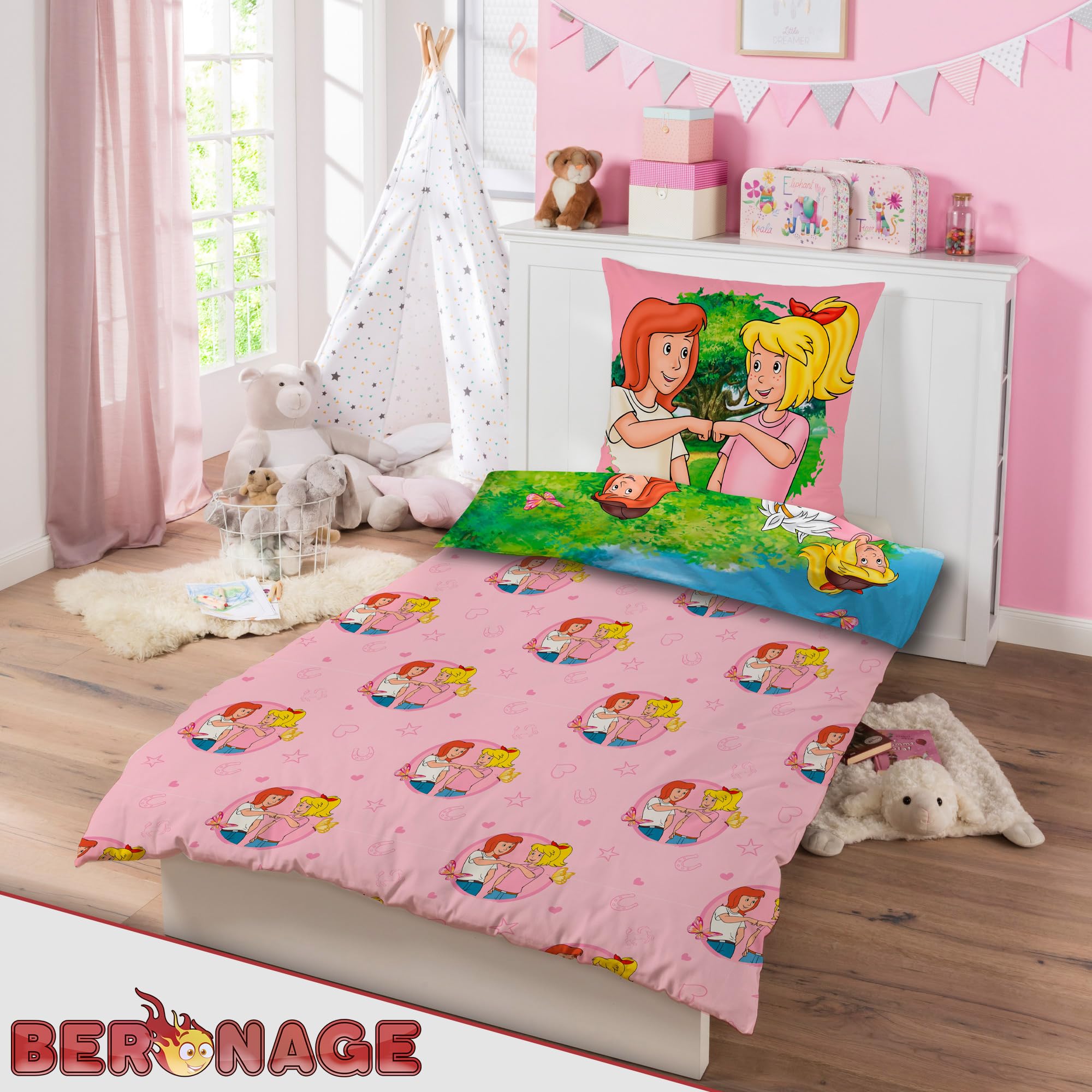 BERONAGE Bibi und Tina Kinderbettwäsche Pferde - 135 x 200 cm + 80 x 80 cm – 100% Baumwolle Renforcé-Linon – Bettwäsche mit Motiven von Amadeus & Sabrina - Reiten - Reißverschluss, deutsche Größe