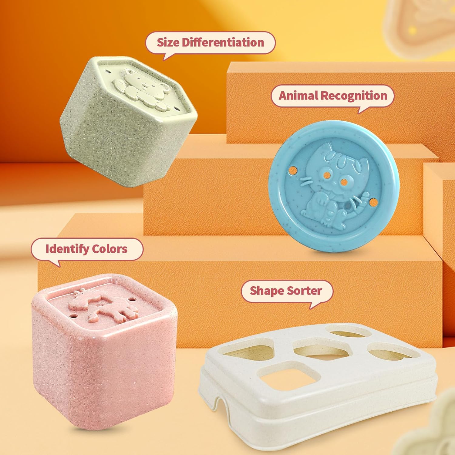 Shape Sorters Baby Toys 5 in 1 Montessori Toy for 6-48 Months Stacking Cups,Rings Toy Links,Soft Stacking Rings,Blocks Set,Soft Animals Toys Shape Sorters for Toddlers 1-3