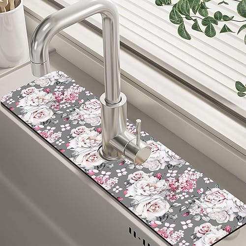 Miniatura 42 de Tapete protector contra salpicaduras para fregadero de cocina floral naranja retro de los años 70, tapete absorbente de secado rápido, tapete de