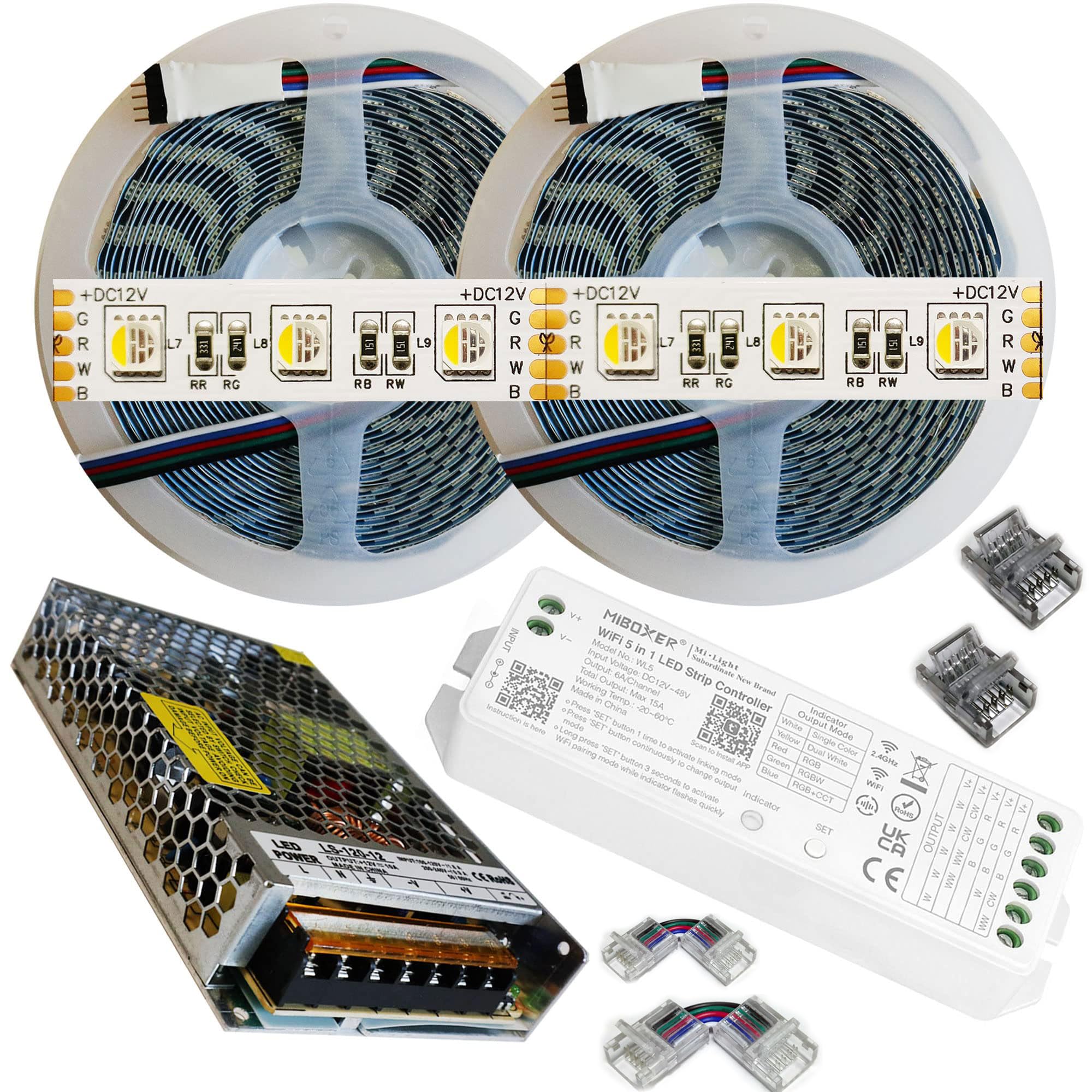 RGB+Bianco Freddo 4in1. Kit da 10 Metri con 1 Trasformatore da 120w 12V e 1 Controller WiFi. Con 600 Led RGB+W sviluppa 5000+5000 Lumen. Striscia RGBW Ip20
