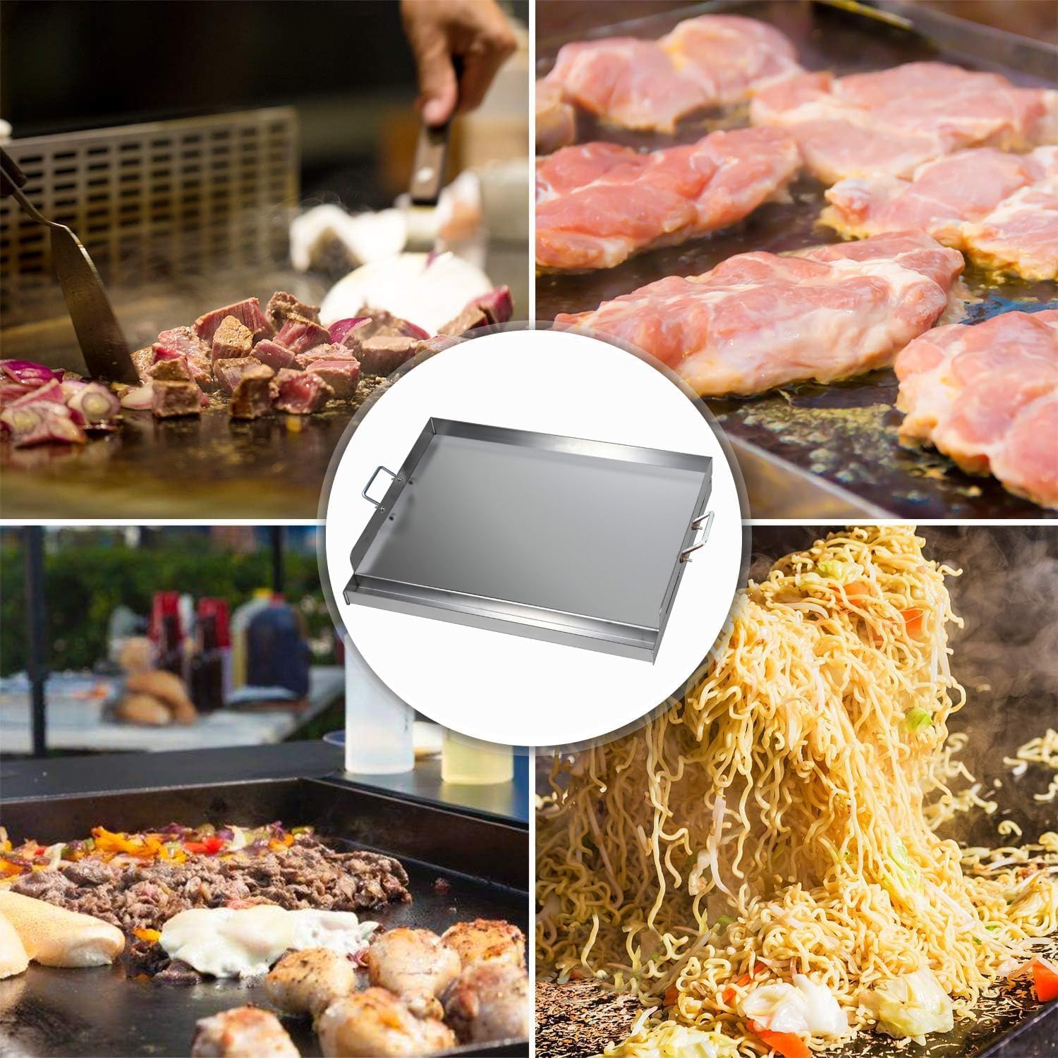 Edelstahl Grillplatte | 47x32x7 cm | Universal BBQ Plancha aus dickem 2mm & rostfreiem Edelstahl passend für Weber Gasgrill und Holzkohlegrill | Grillplatte mit Grill-Spachtel Schaber set