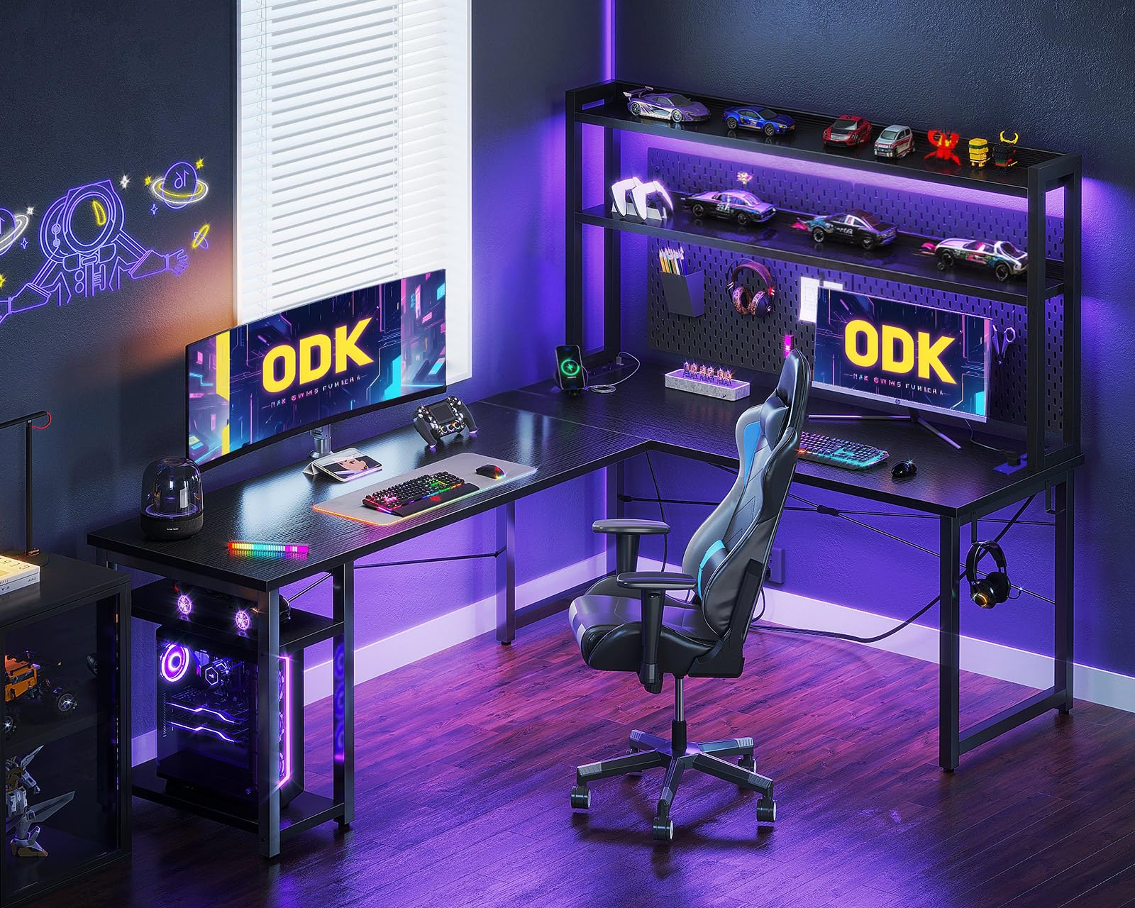 ODK Scrivania Gaming con LED, 168×120 cm Scrivania con Ripiano Reversibile, Scrivania ad L con Prese e Porte USB, Scrivania Gaming Nero con Scomparti e Spazio di Archiviazione