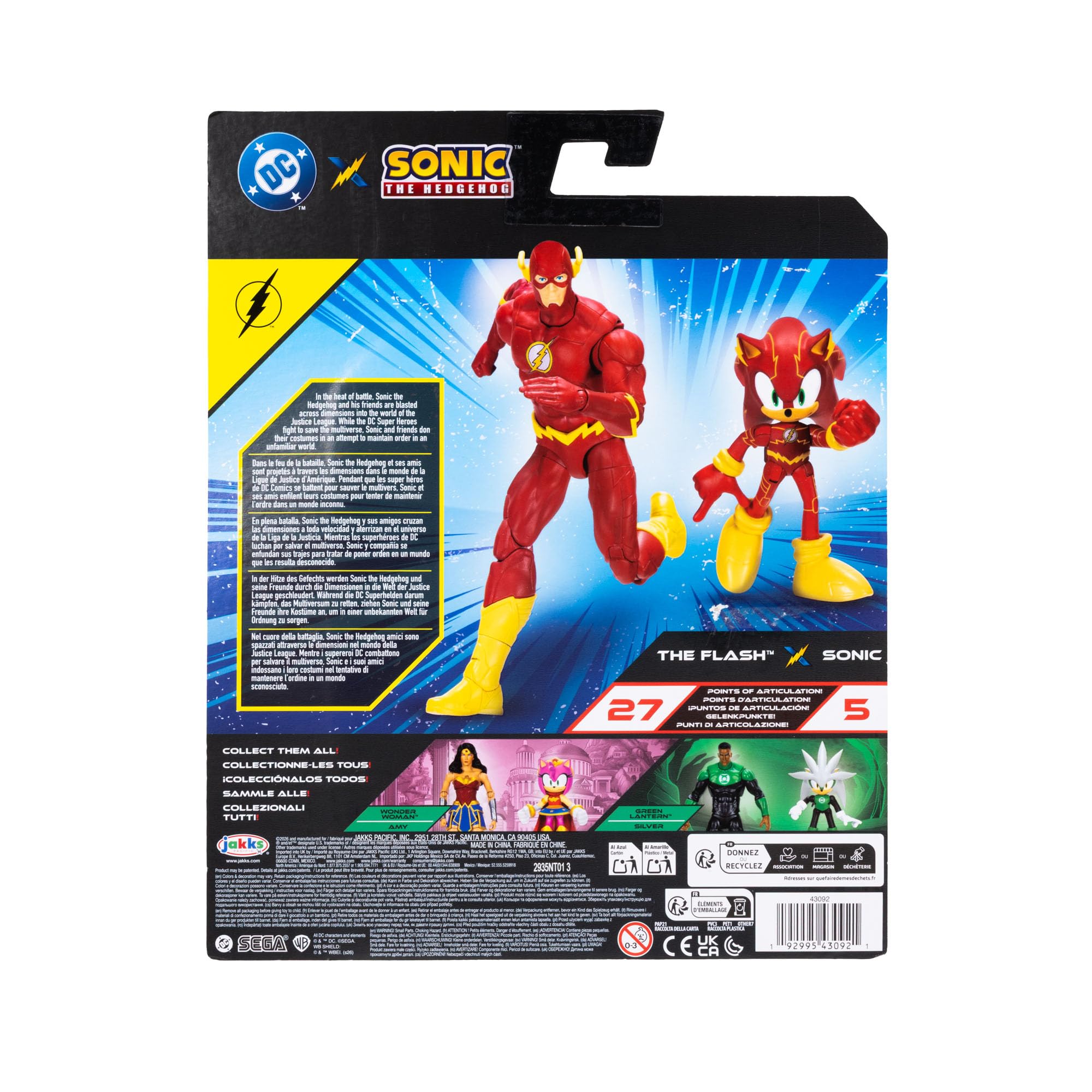 Zestaw figurek akcji DC x Sonic the Hedgehog i Flash, oficjalna licencja Jakks Pacific, zawiera klasyczne figurki akcji o wymiarach 2,5" i 5", przedmioty kolekcjonerskie Sonic x DC