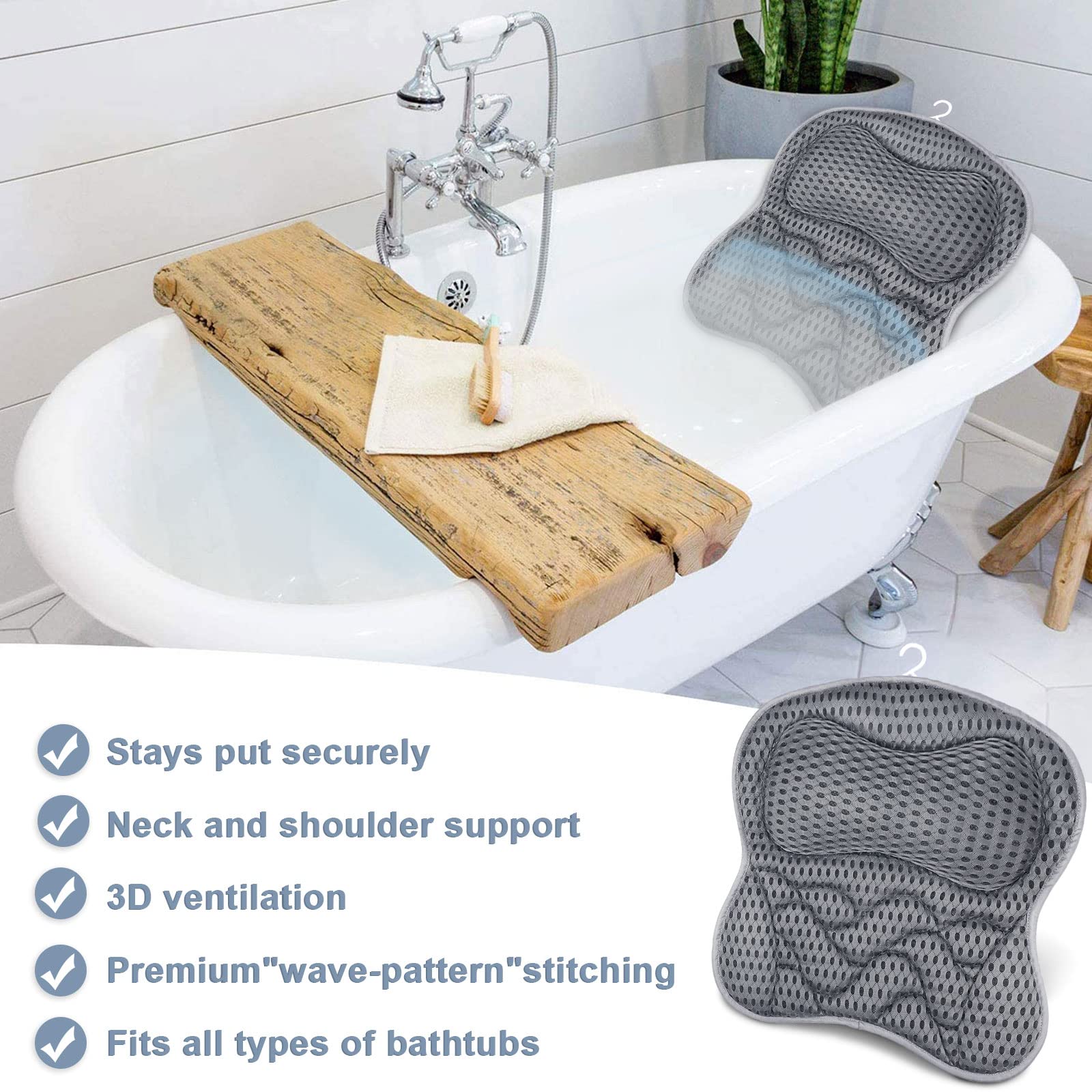Frasheng Almohada de Baño,Malla 4D Cojín de baño,Almohada de Baño con 6 Ventosas Antideslizantes,Puede soportar la Cabeza,el Cuello,la Espalda,para SPA en Casa Bañera de Hidromasaje,Lavable a Máquina