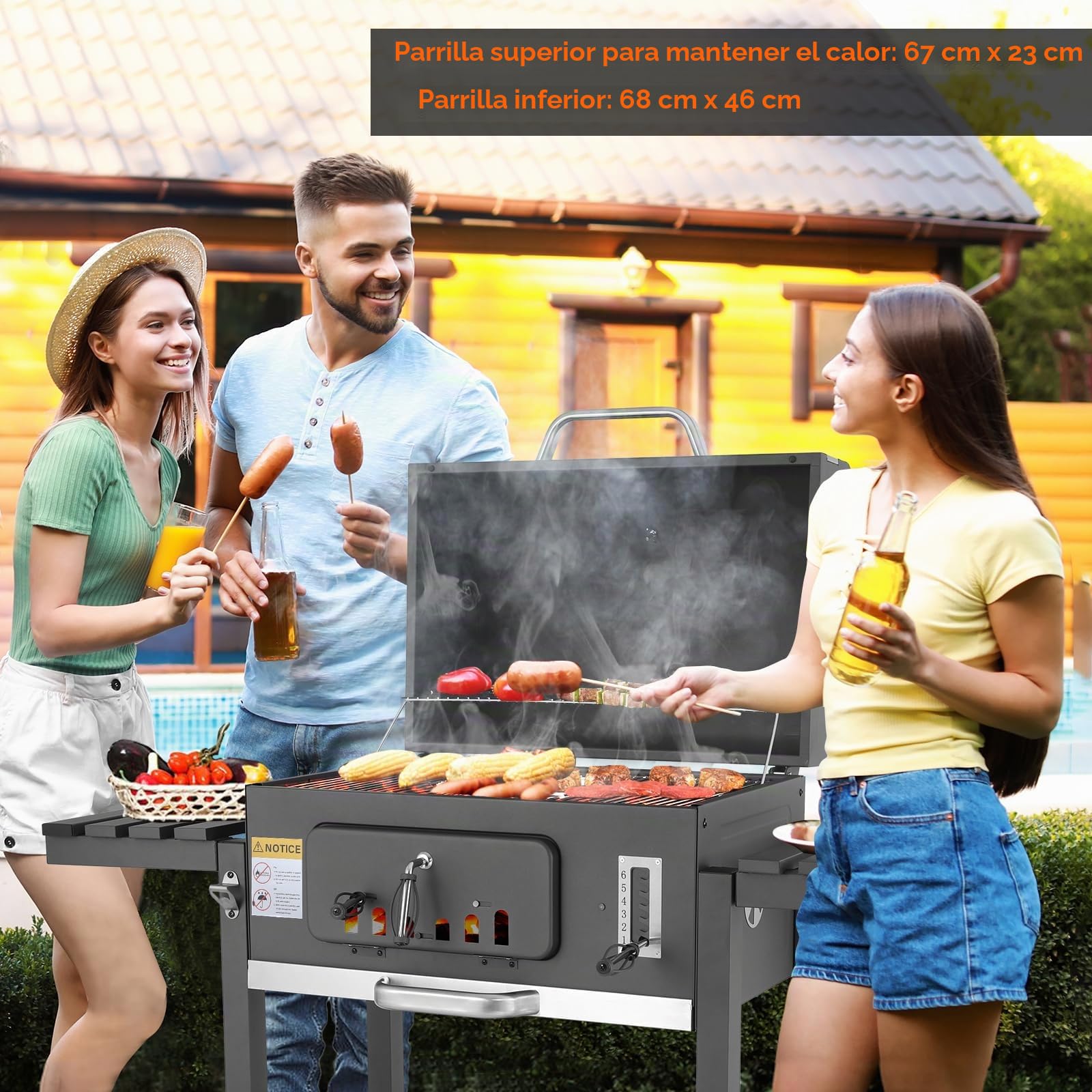 TLSUNNY Barbacoa de Carbon, Parrilla de Carbón XXXL, Barbacoa Carbon con Tapa, 2PCS Ruedas, Termómetro y Chimenea, BBQ Parrilla Grande de Carbón para Jardín y Exterior, Gran Capacidad, Gris