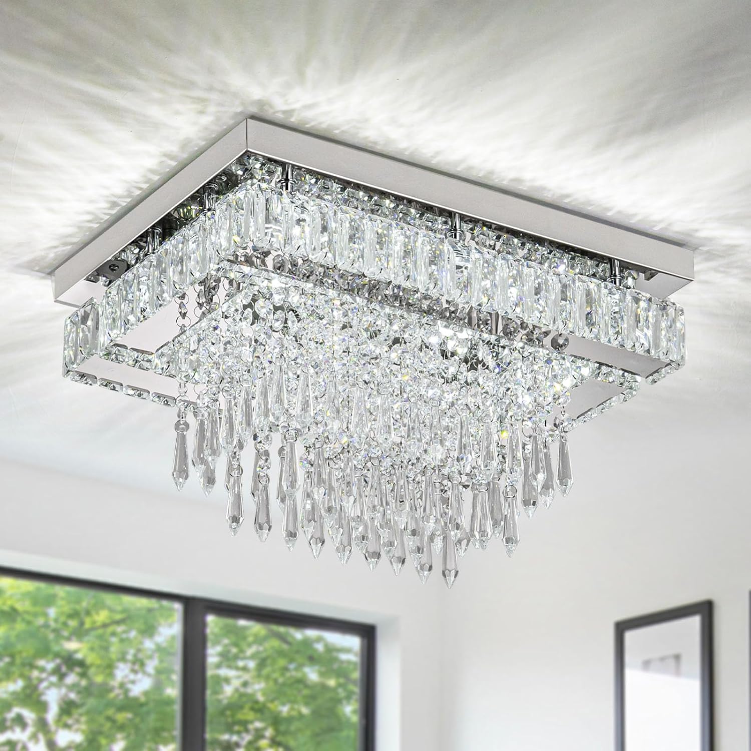 Crystal Ceiling Light Fixture LED Crystal Chandelier Hallway Lights Crystal Flush Mount Ceiling Light Small Chandelier Light Modern Chandelier for Bedroom Bathroom Entryway Kitchen Chandelier Light Cool Light-rectangle & crystal strings