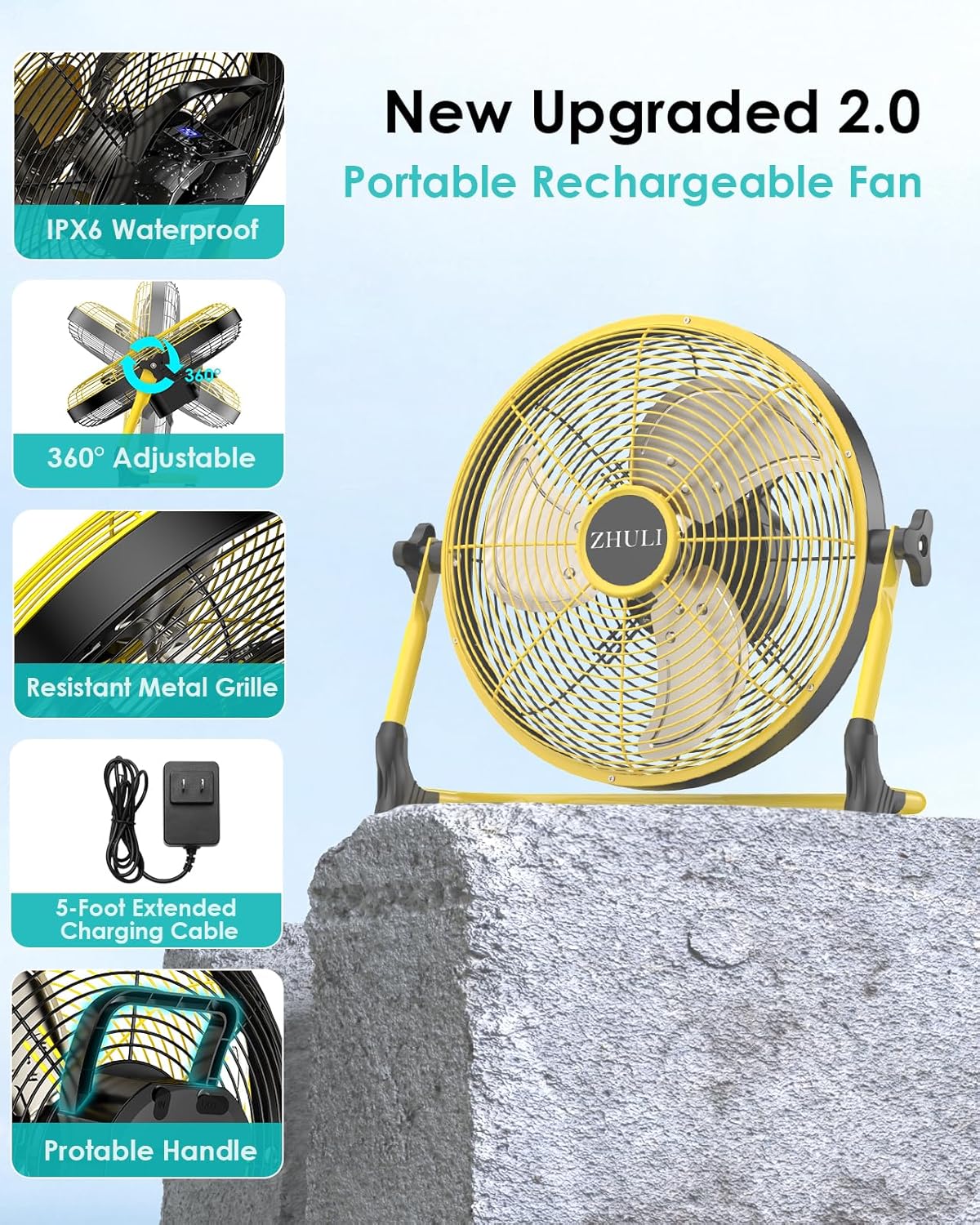 ZHULI 10" Portable Battery Operated Floor Fan, Rechargeable Cordless Camping Fan, Hi-Velocity Brushless Motor, Metal blade, USB Phone Charge, 8~60H Runtime, Quiet, Wireless, For Outdoor Home Workshop - Image 6