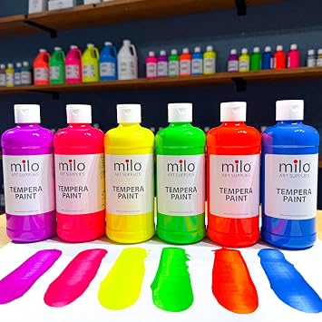 milo Fluorescent Washable Tempera Paint Set, 6 Neon UV Colors, 16oz Bottles