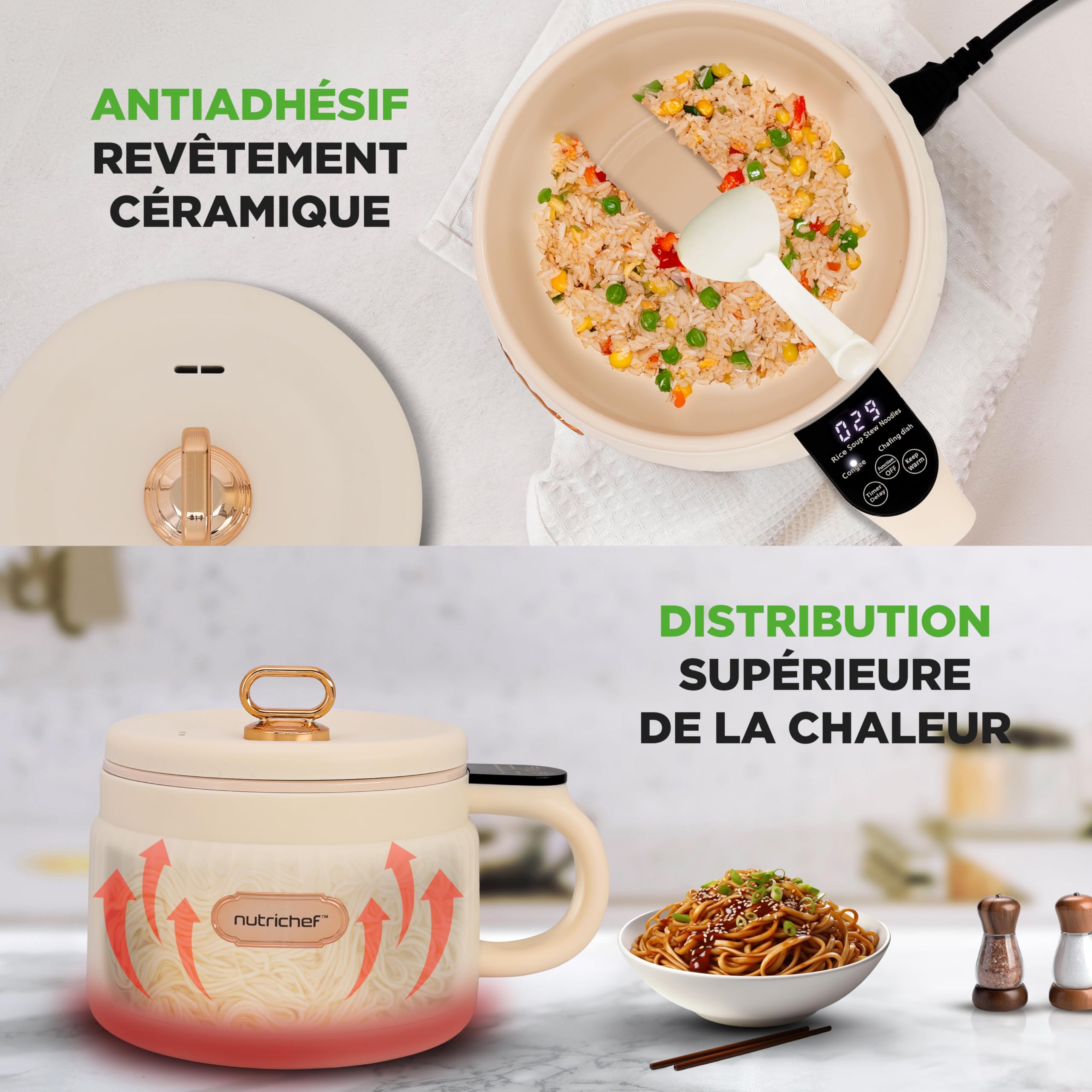 NutriChef Cuiseur à Riz Électrique Portable 1,5 L (6 Tasses) – Multicuiseur à Revêtement Céramique, Écran Numérique et 6 Programmes, Blanc.