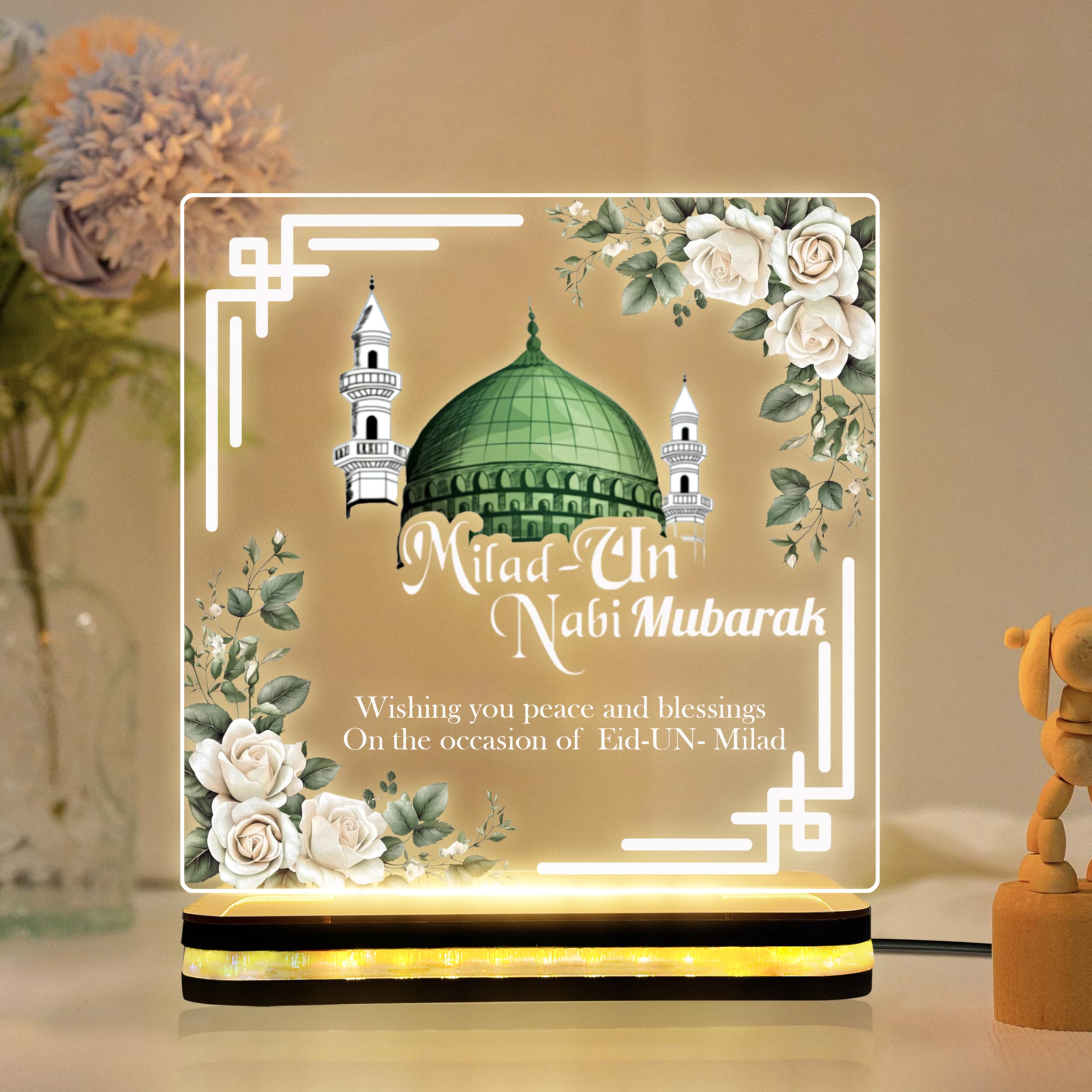 Lighted Eid Milad Un Nabi Acrylic Plaque with LED Wooden Base, Islamic Decorative Lamp,Tabletop Display, Arabic Calligraphy Home Decor, Ramadan Celebration Gift, Warm Night Light, (5 x 5) Inch-picture-32