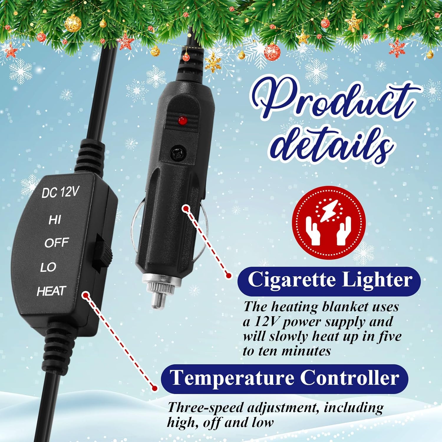 Riakrum 12v Heated Car Blanket Electric Blanket with 2 Heating Levels Car Cigarette Lighter Socket Storage Bag Washable for Truck SUV Rv Camping Winter Cold Weather, 58" x 43"(Navy Blue Plaid) - Image 4