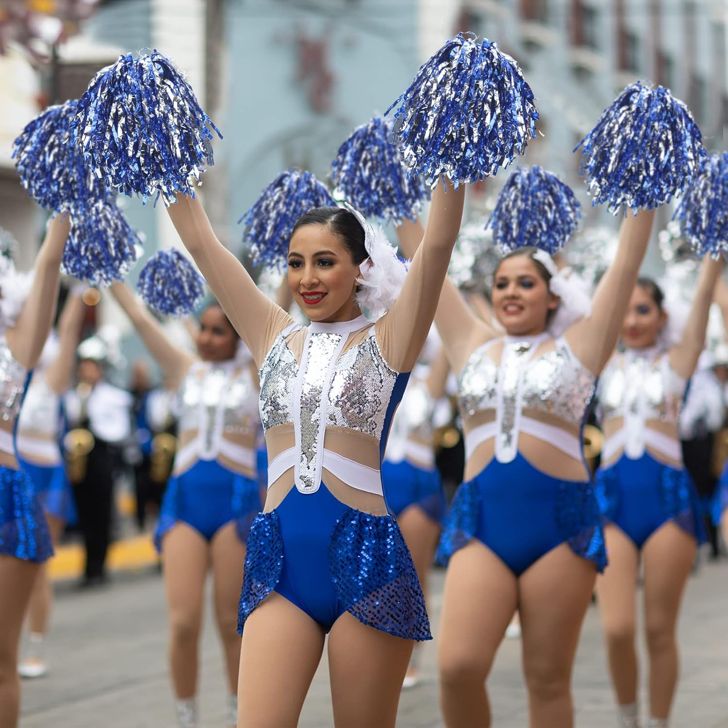 100 Pack Cheerleading Pom Pom Bulk Football Game Cheerleader Pompoms Plastic Cheering Hand Flowers with Handle for Sports Dance Match Team Cheerleading Squad(Blue and Silver)