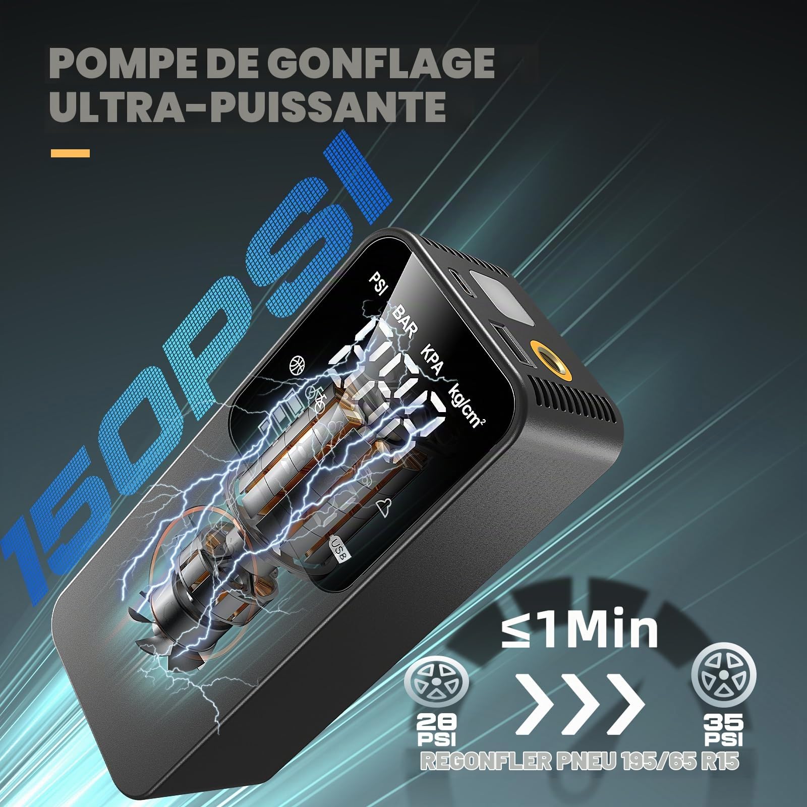 Gonfleur Pneus Voiture Électrique Sans Fil Mini Compresseur à Air Portatif 150 PSI avec Arrêt Auto & LED, Inflation Rapide, Batterie 6000mAh, Charge USB-C, pour Voiture/Moto/Vélo/Ballon, Noir