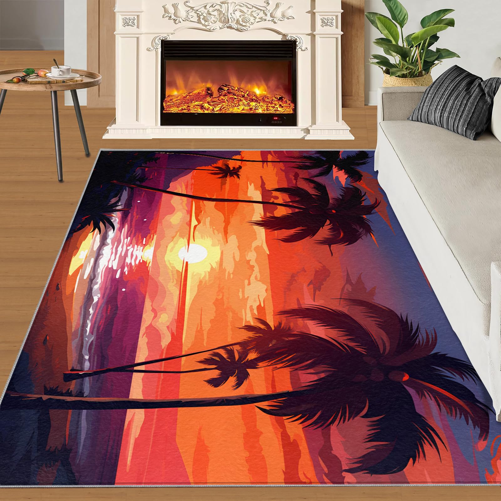 HYGIUID 5x7 Area Rugs - Tropical Sunset Palm Rugs for Bedroom Girls, Romantic Beach Oil Painting Rug Non Slip Soft Rugs for Living Room Hardwood