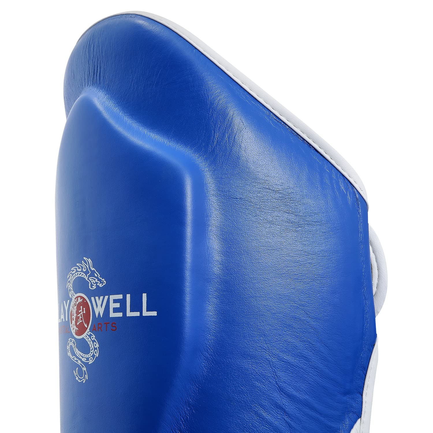 Playwell Premium Range Protège-tibias en cuir Pro Muay Thai K1 Bleu/blanc